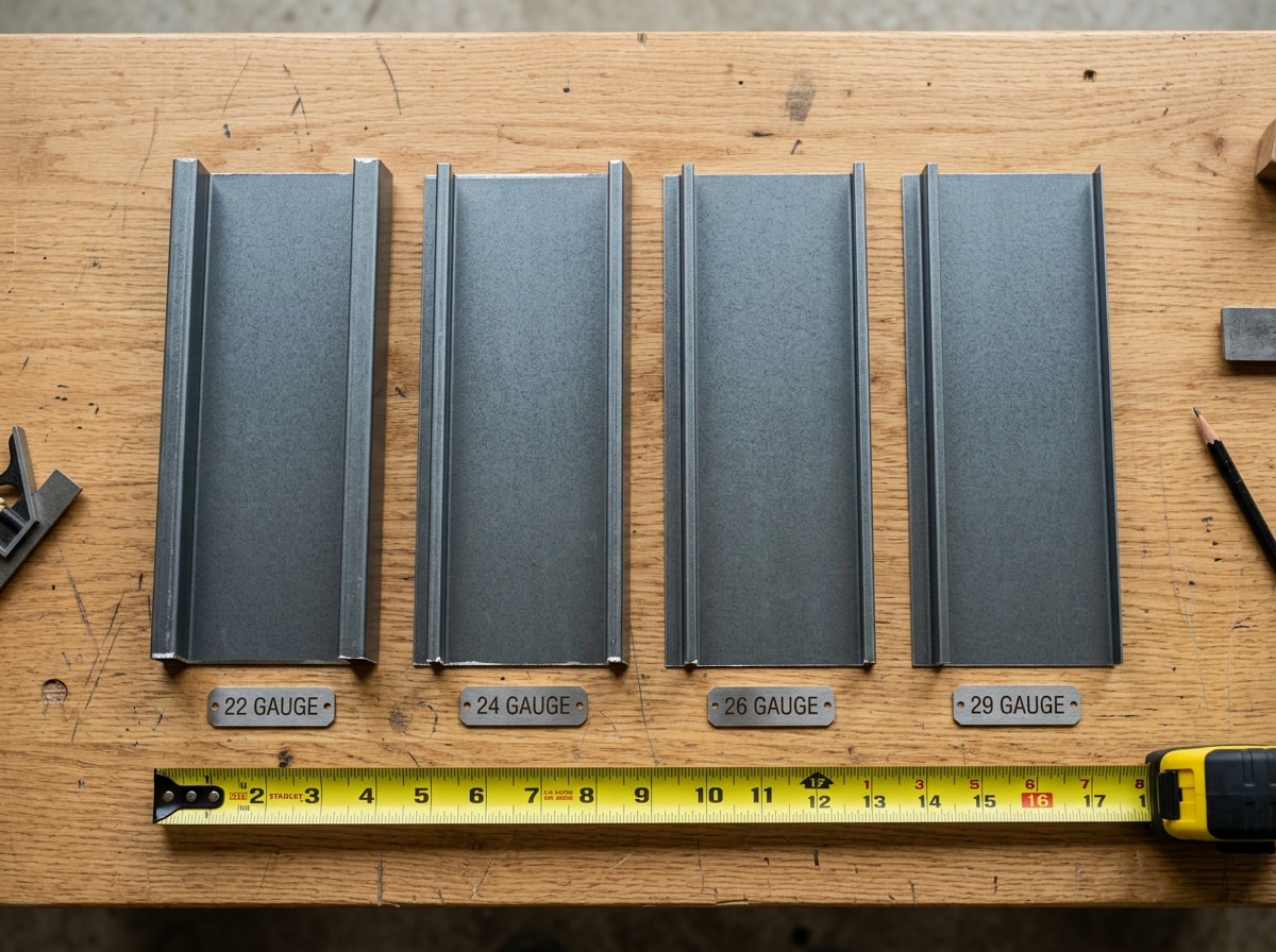 Side-by-side gauge comparison chart showing 22, 24, 26, and 29 gauge metal roofing panel thickness