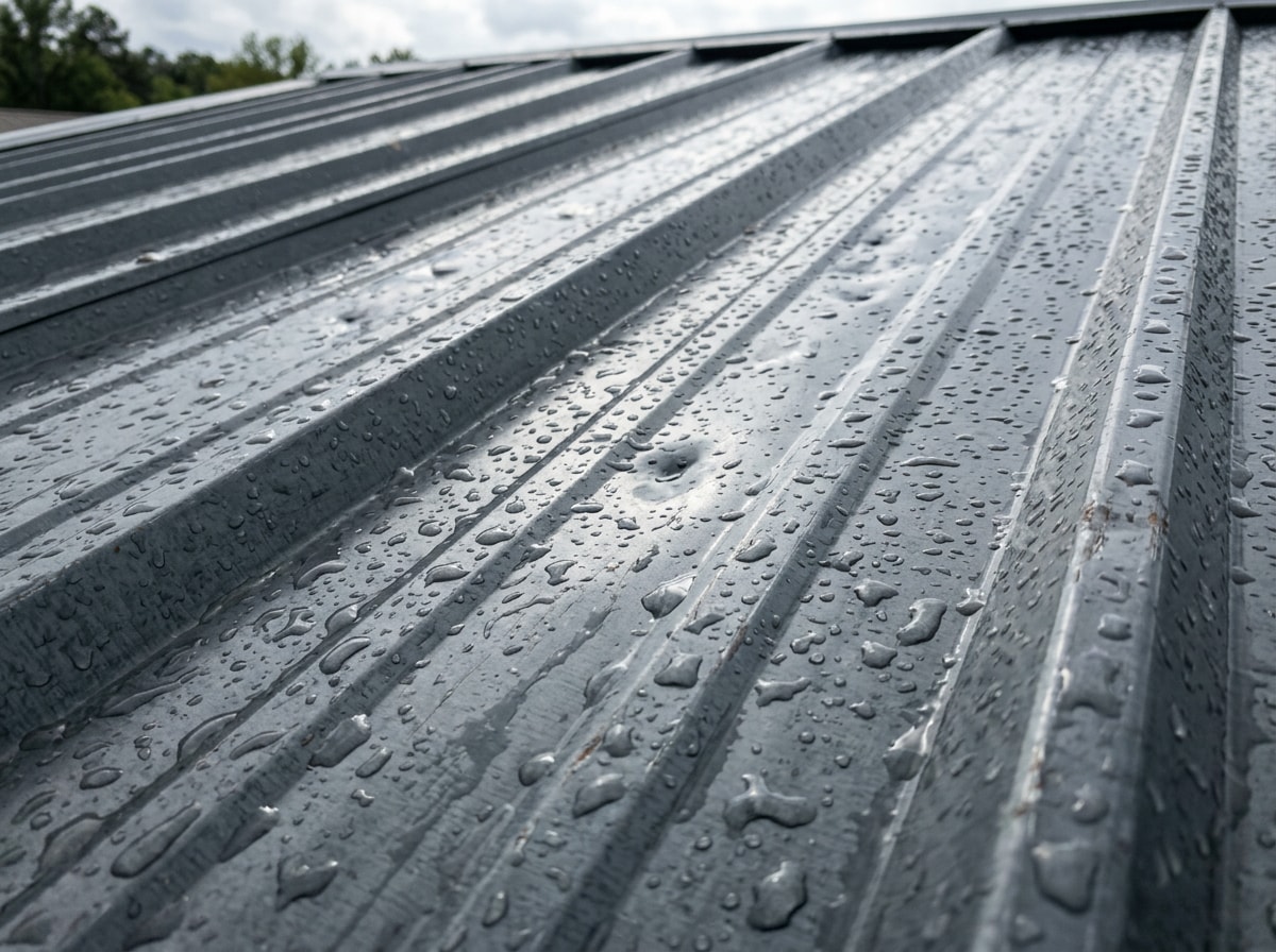 Close-up of a 26 gauge metal roof panel showing minor cosmetic hail dimpling after a storm