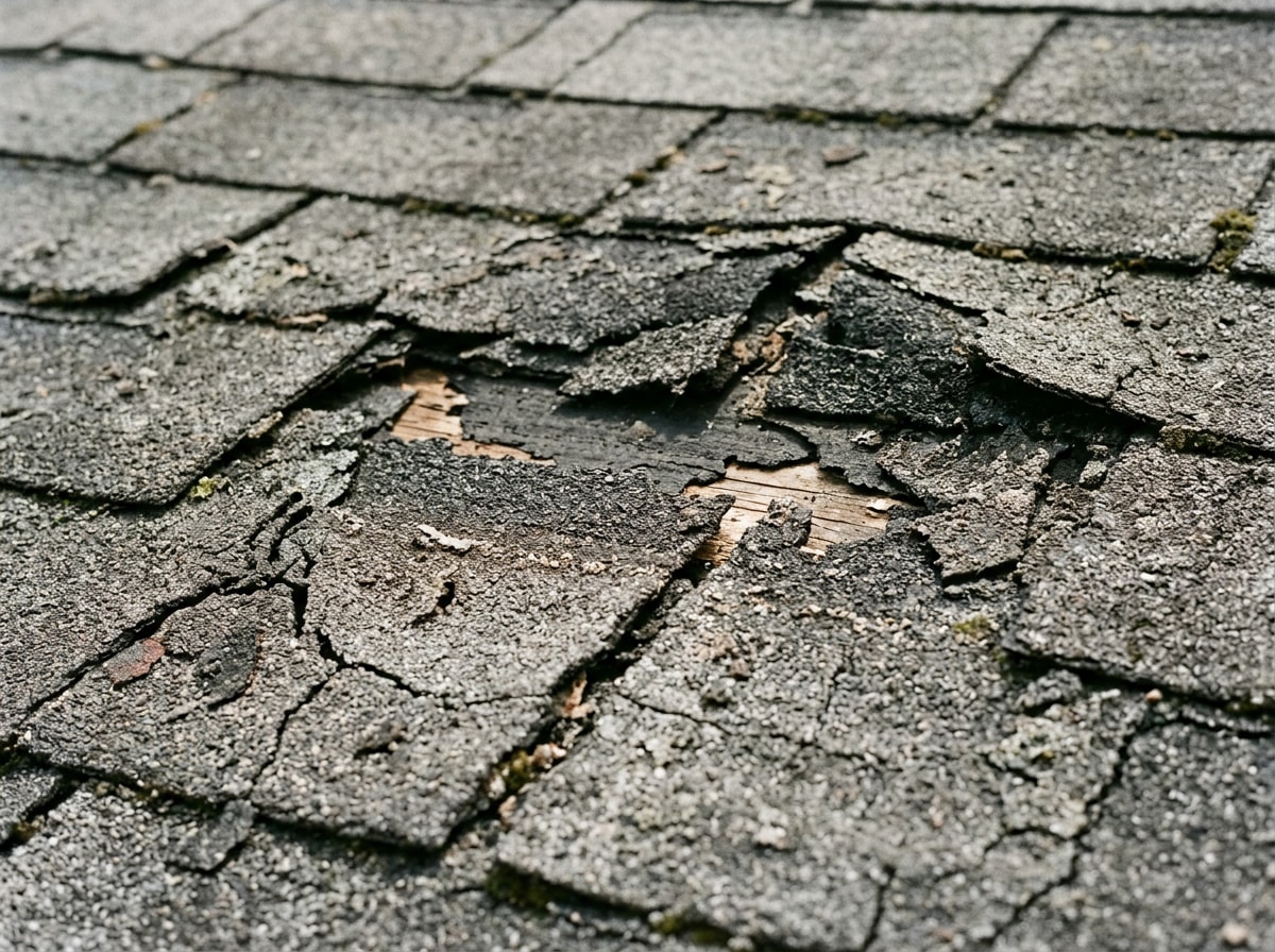 Close-up of missing and cracked asphalt shingles showing common signs of roof damage
