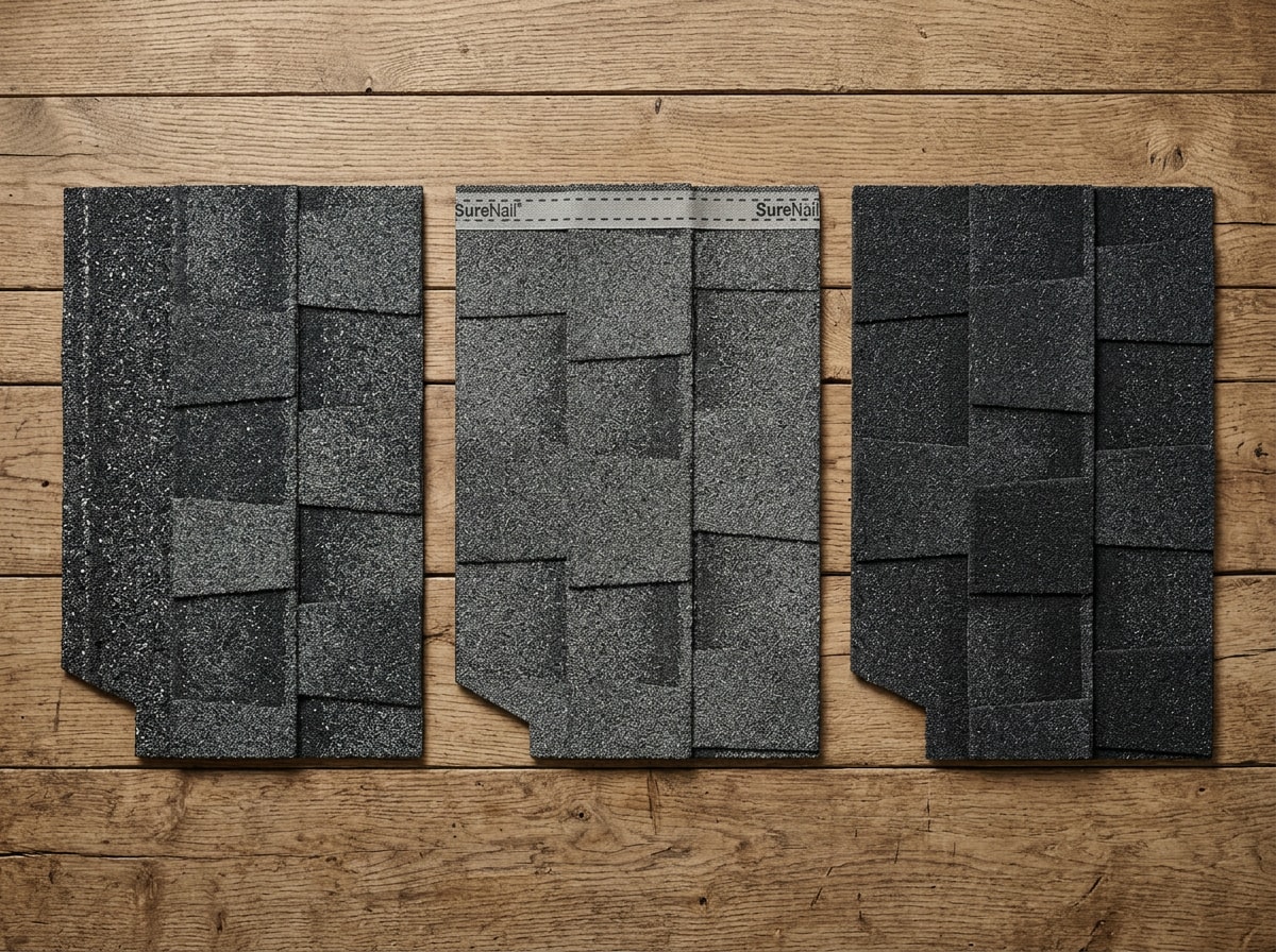Side-by-side comparison of Owens Corning, GAF, and IKO asphalt shingle colors and styles