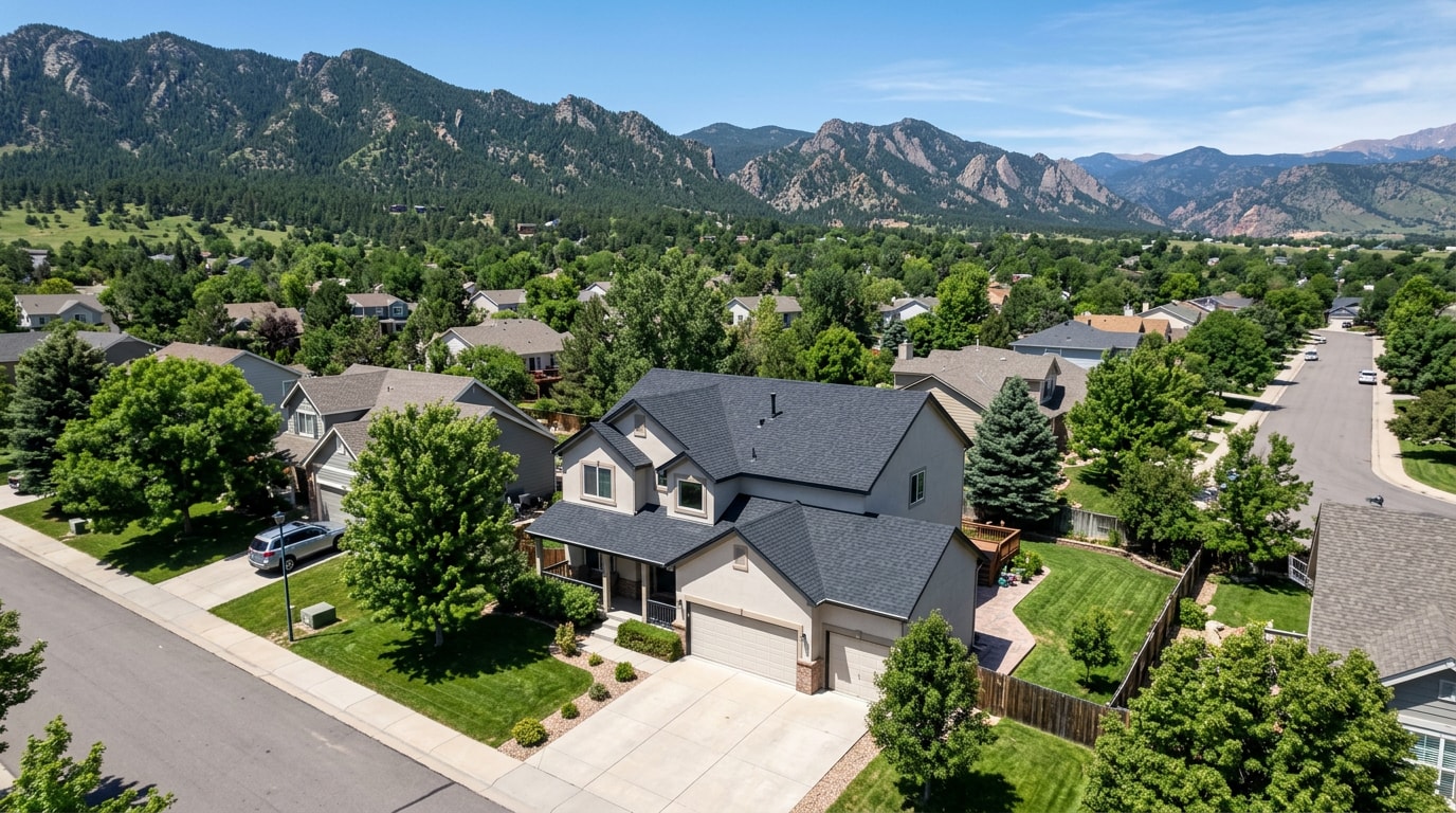 Aerial view of a Jefferson County, CO home with a freshly repaired asphalt shingle roof Aerial view of a Jefferson County, CO home with a freshly repaired asphalt shingle roof