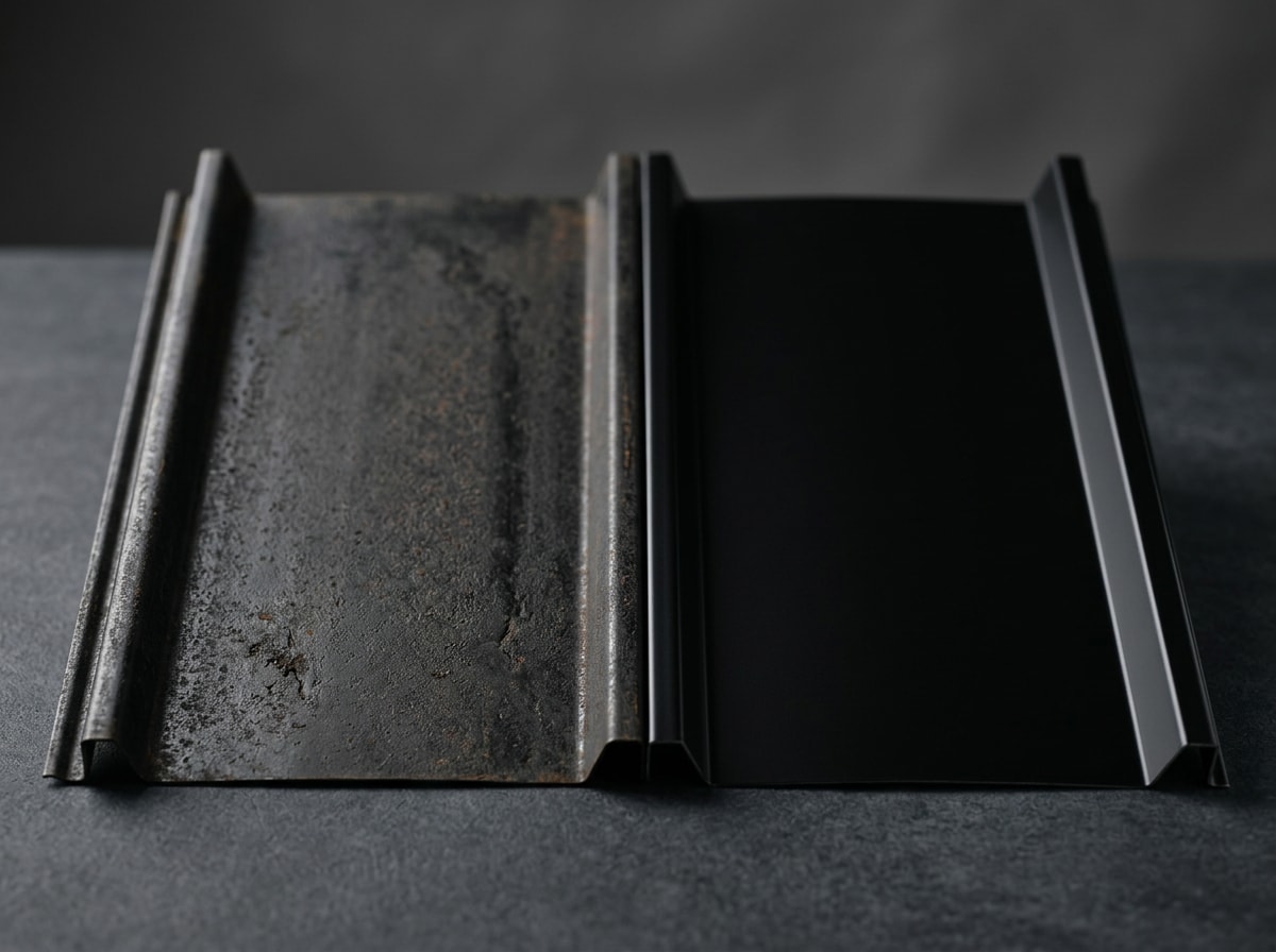 Close-up comparison of natural black steel roofing texture next to a painted black metal panel