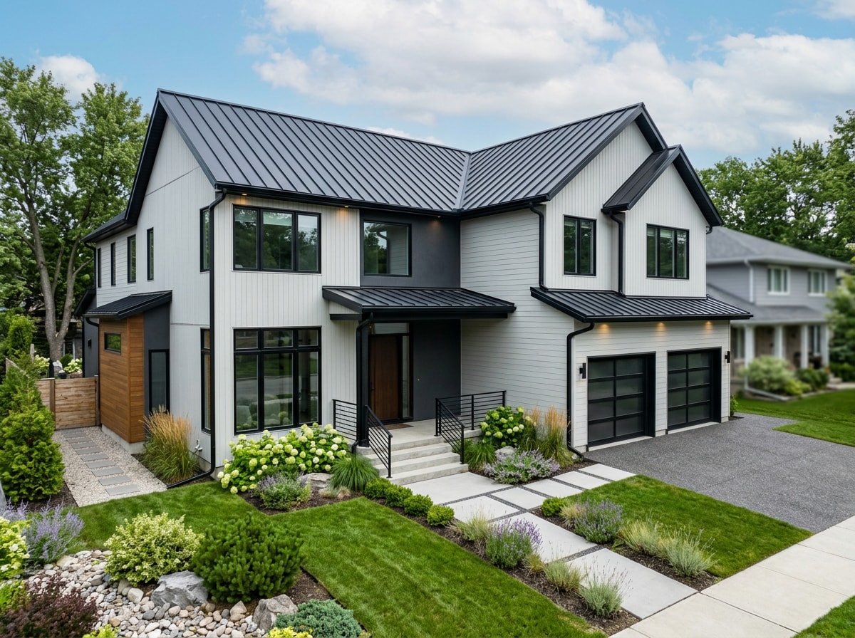 Modern home exterior featuring a black metal roof against light-colored siding