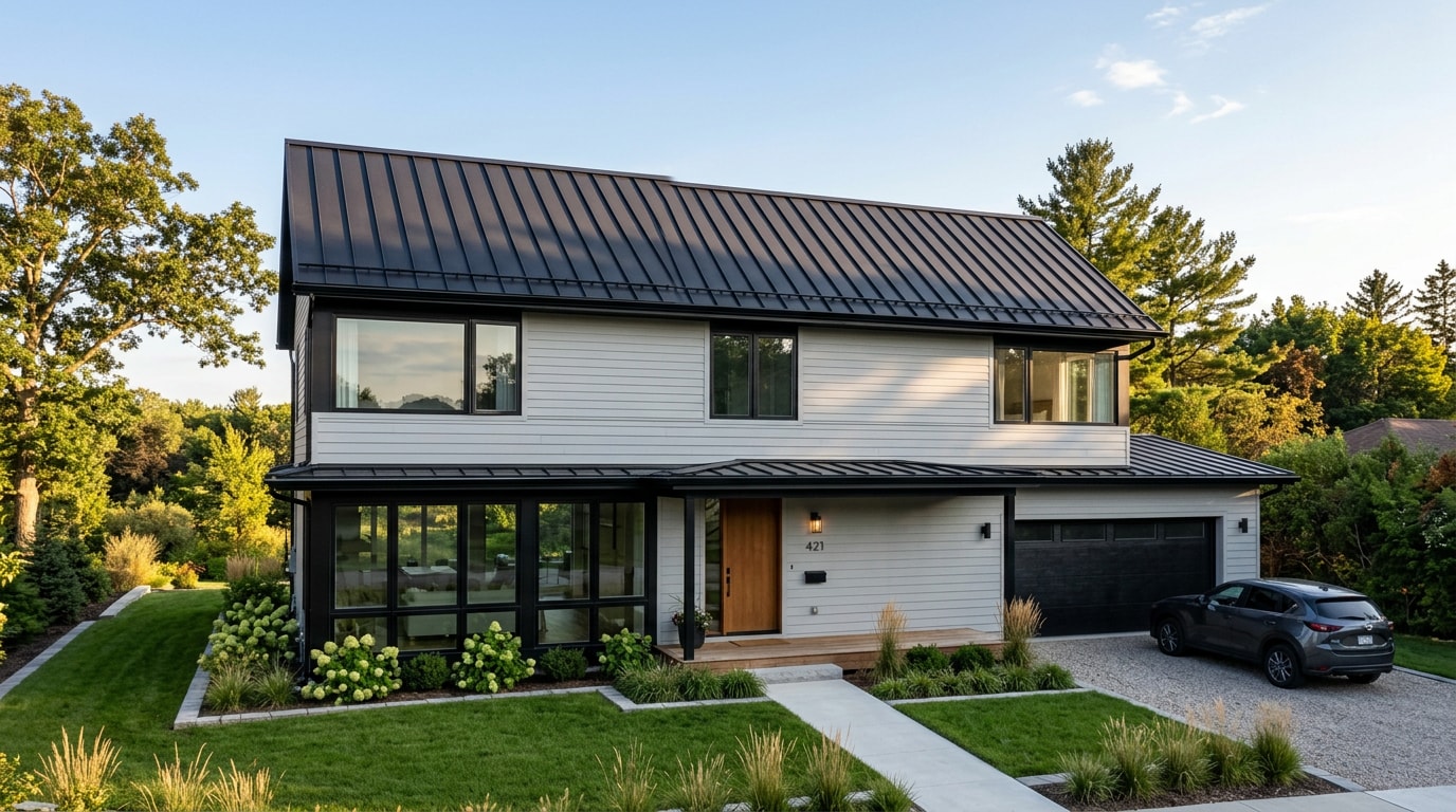 Modern home with a matte black standing seam metal roof
