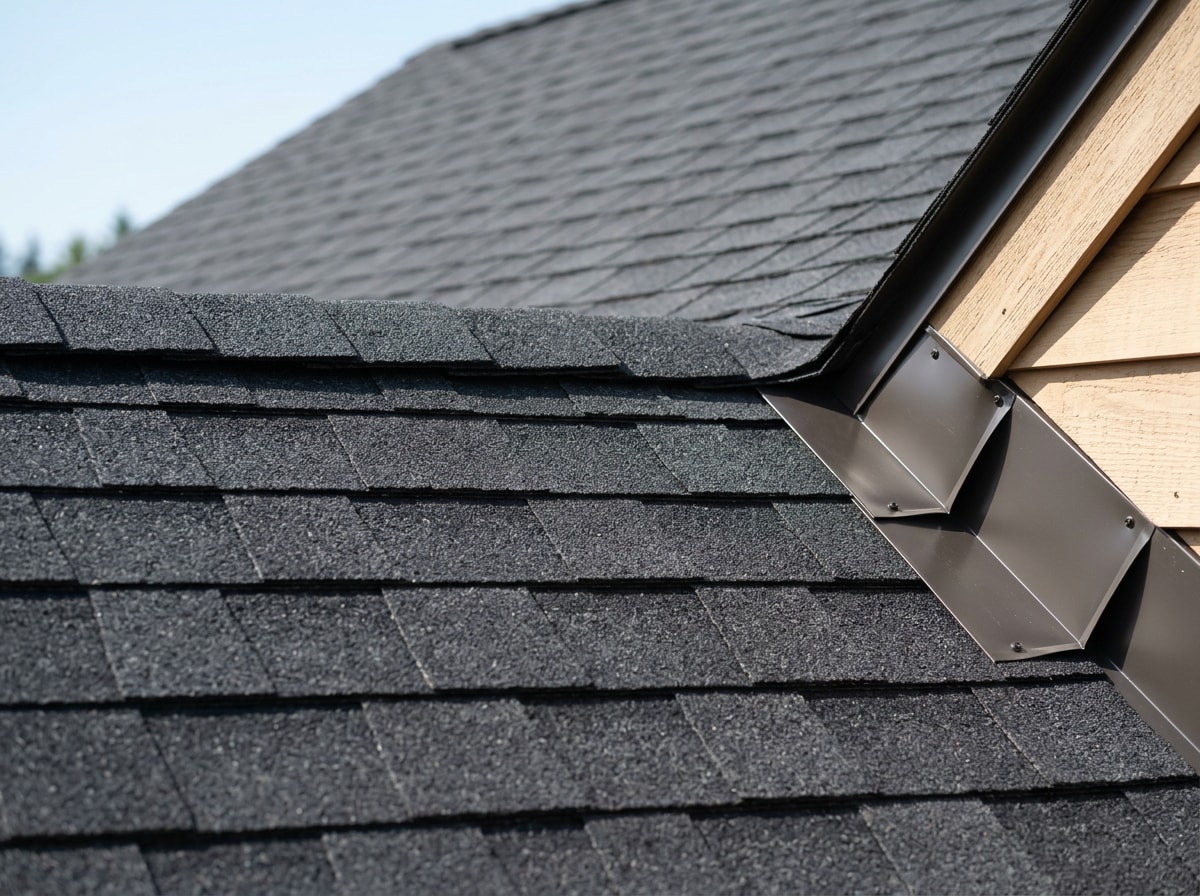 Close-up of a finished asphalt shingle roof installation with clean flashing and ridge caps