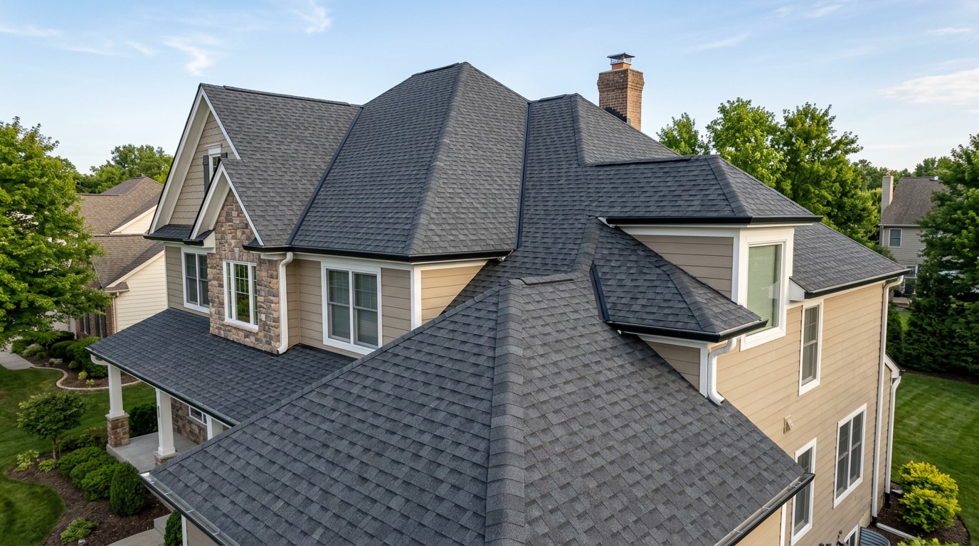 Finished asphalt shingle roof on a suburban home
