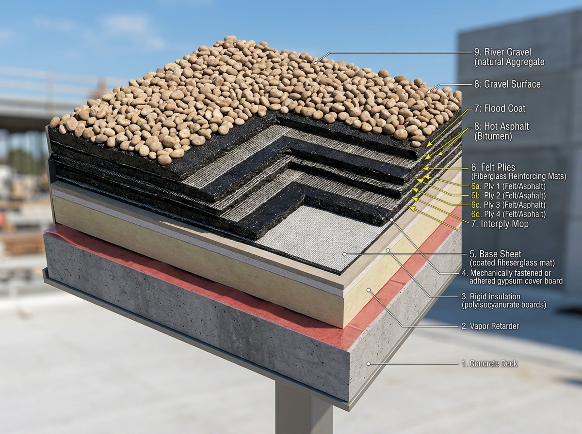 Cross-section diagram showing the layered construction of a built-up roofing system