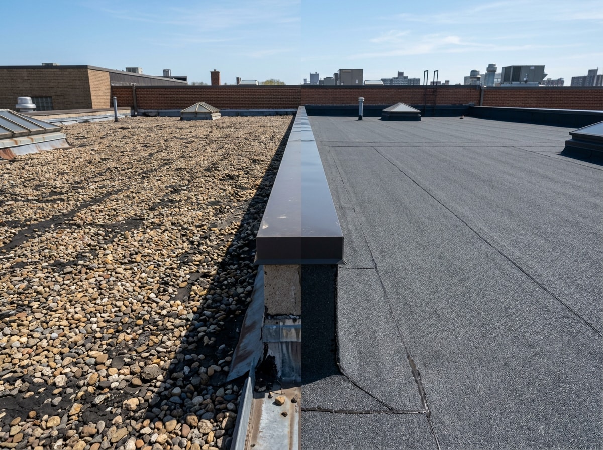 Side-by-side comparison graphic of gravel-surfaced BUR versus a mineral cap sheet