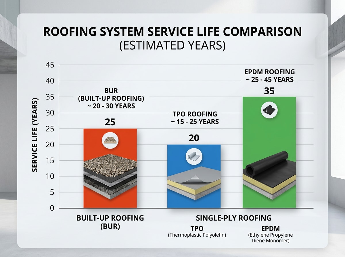 Bar chart comparing typical service life of built-up roofing against single-ply roofing systems