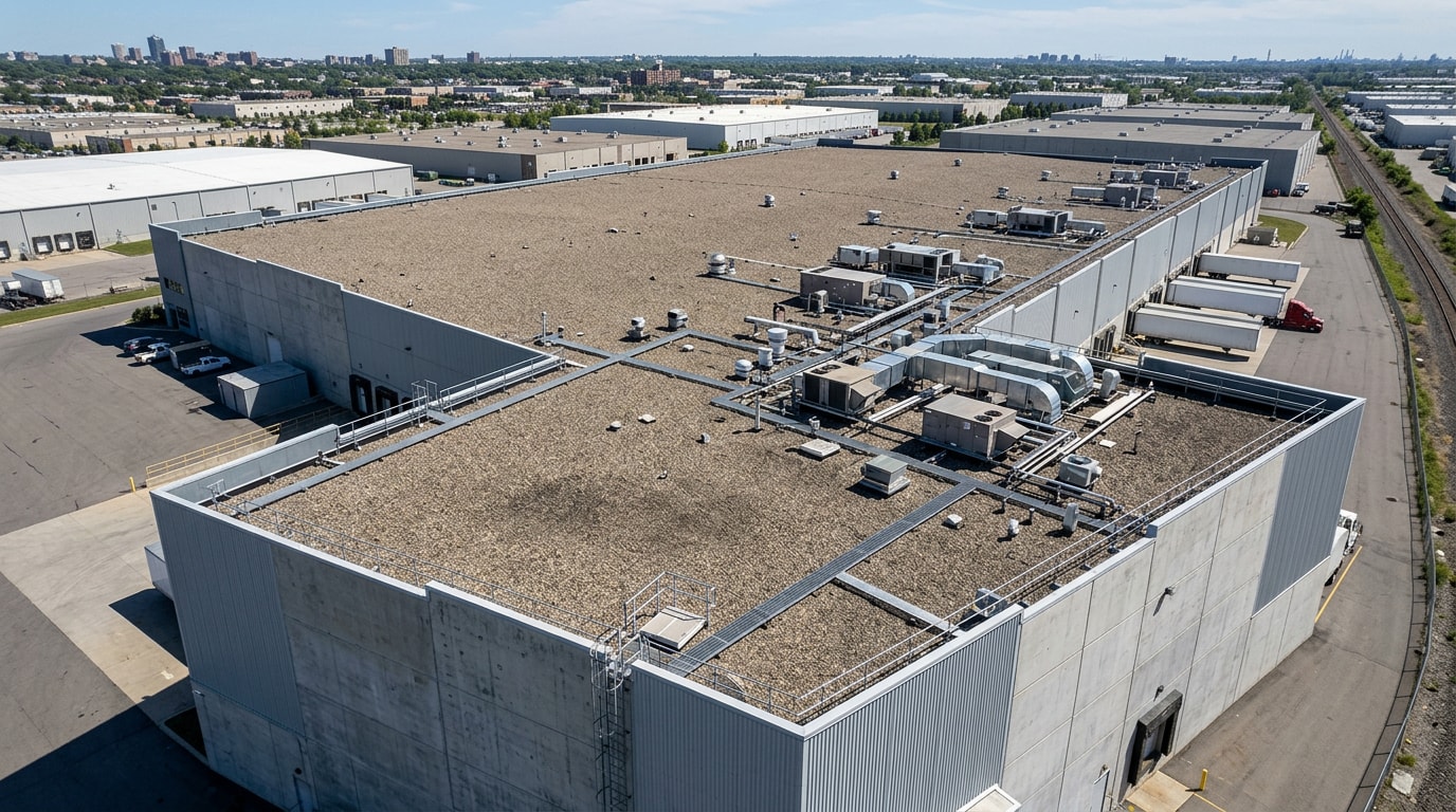 Finished gravel-surfaced built-up roofing system on a commercial flat roof