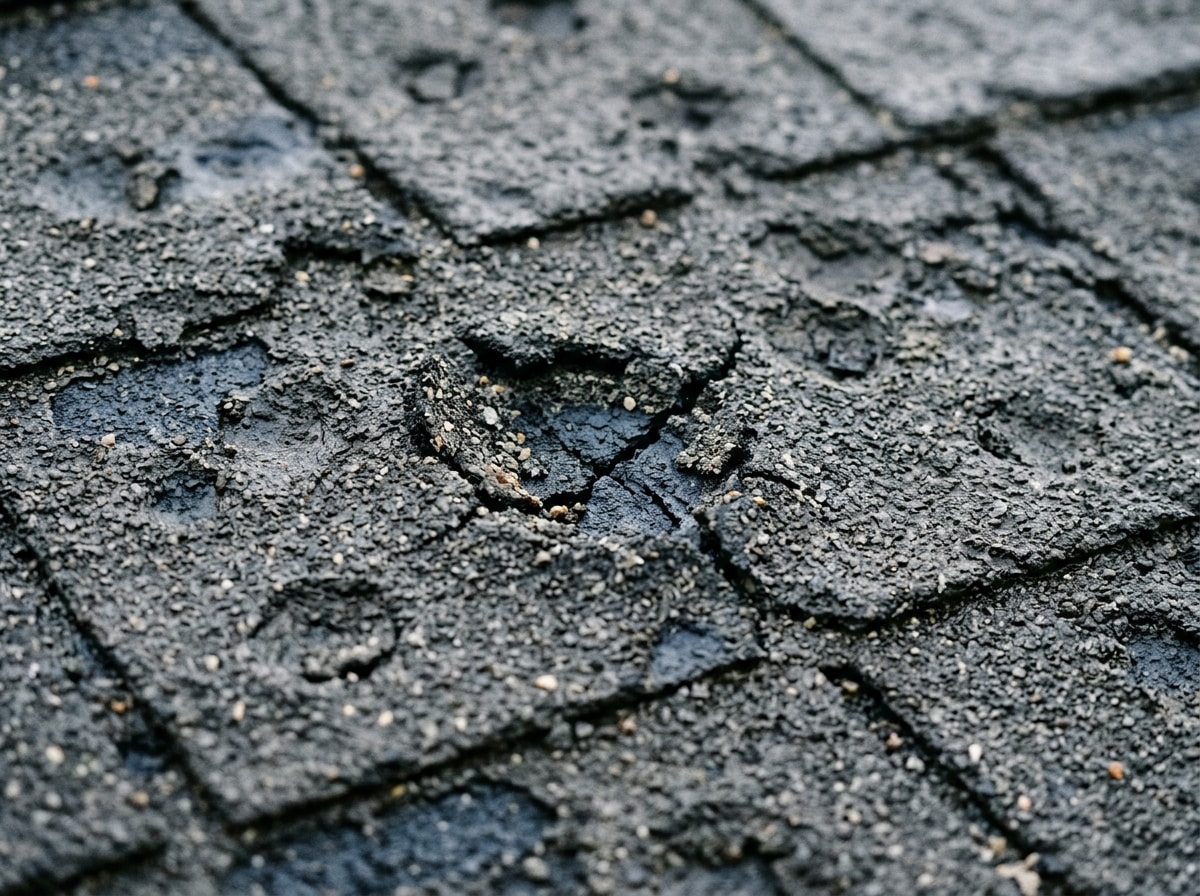 Close-up of hail-damaged asphalt shingles with visible dents and granule loss