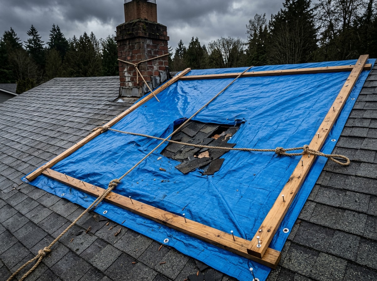Blue emergency tarp secured over a storm-damaged section of asphalt shingle roof