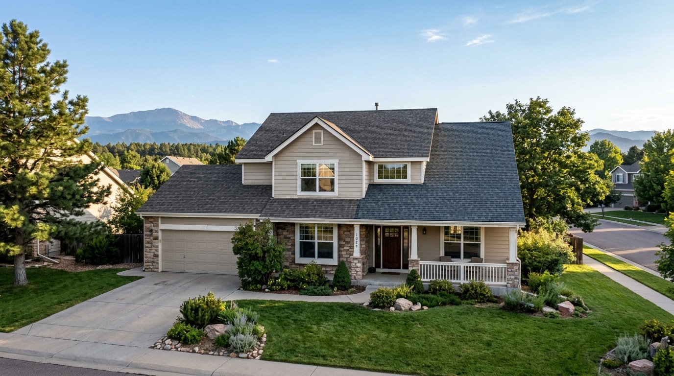 Freshly repaired asphalt shingle roof on a suburban home after emergency roofing work Freshly repaired asphalt shingle roof on a suburban home after emergency roofing work