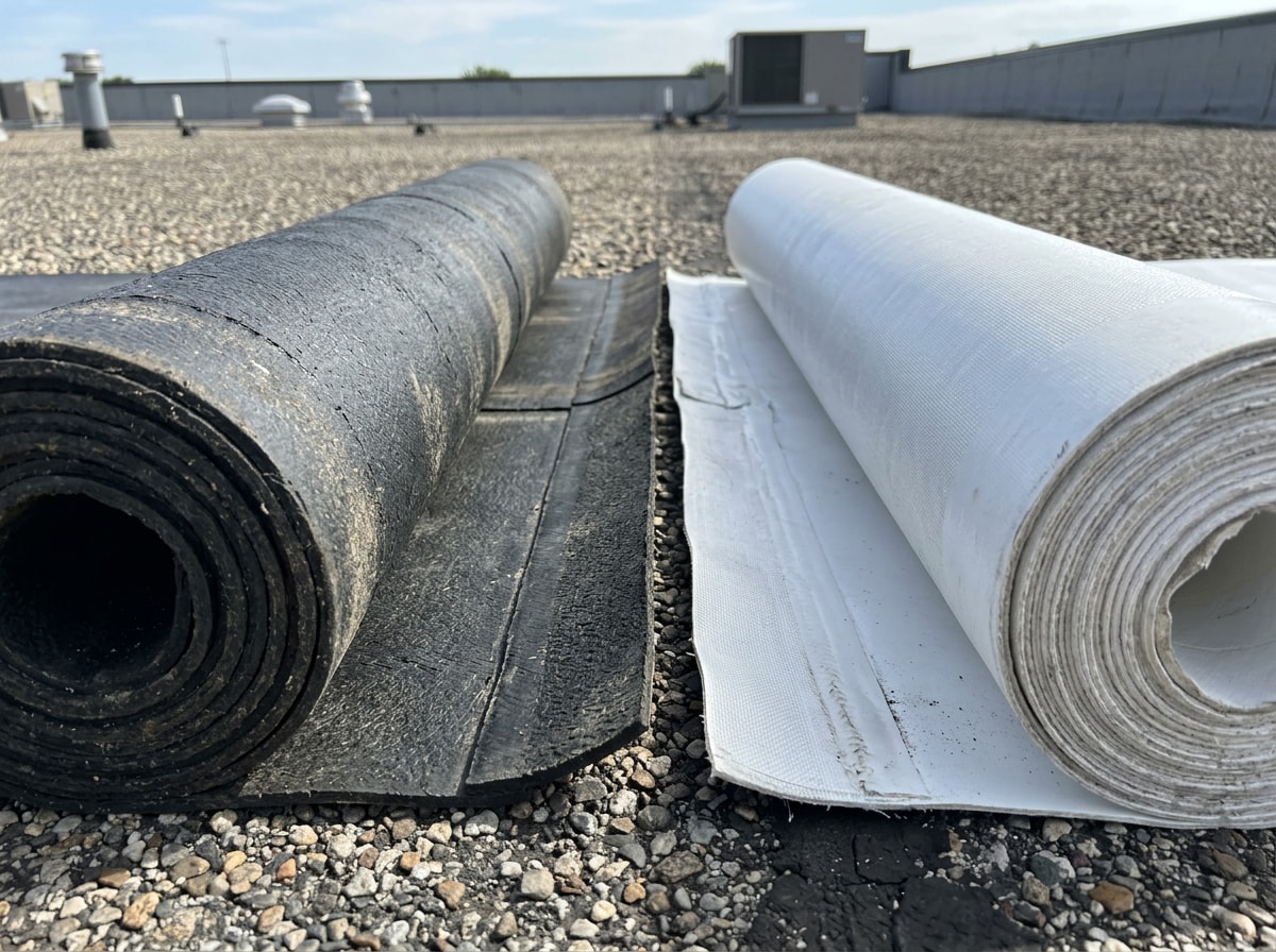 Close-up of EPDM rubber membrane and white TPO membrane rolls laid side by side on a flat roof deck