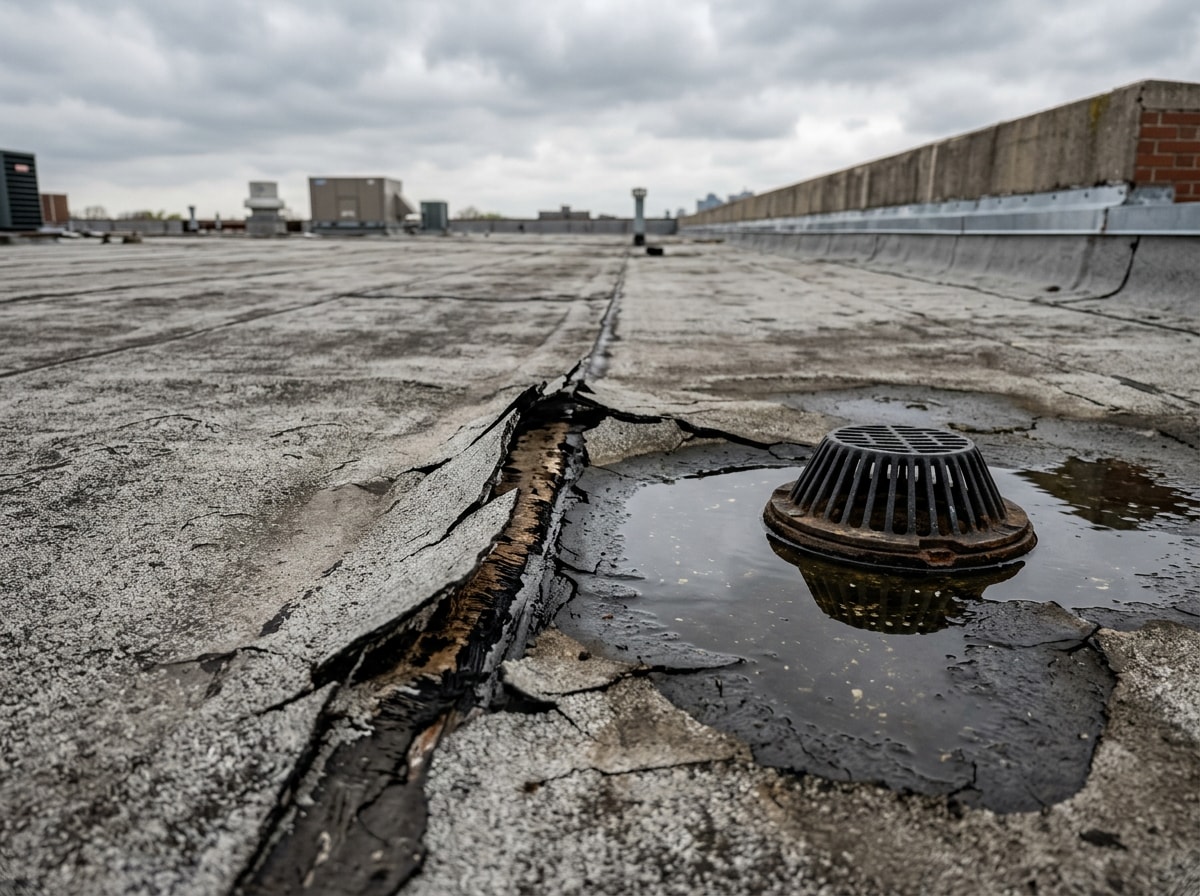 Flat roof surface showing a cracked membrane seam and standing water near a drain