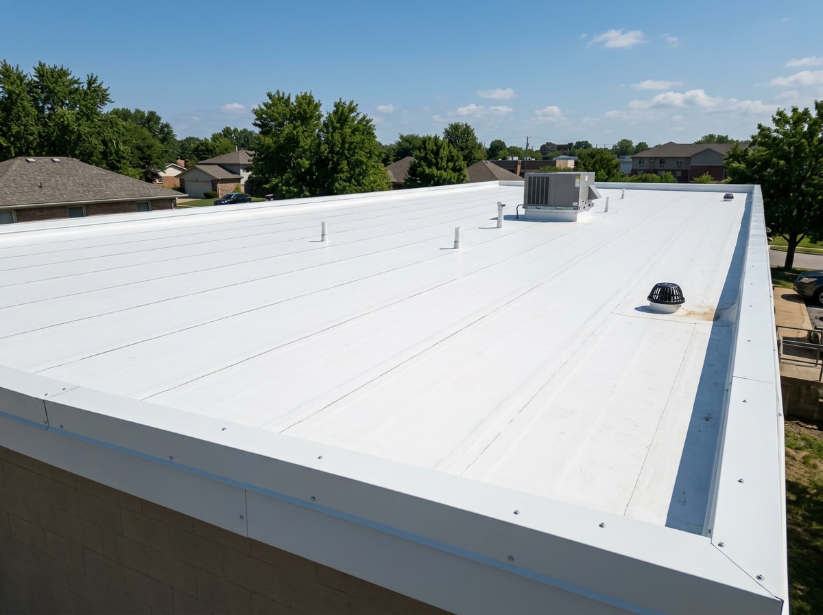 Newly installed white TPO membrane roof with sealed seams and metal edge flashing, no people visible