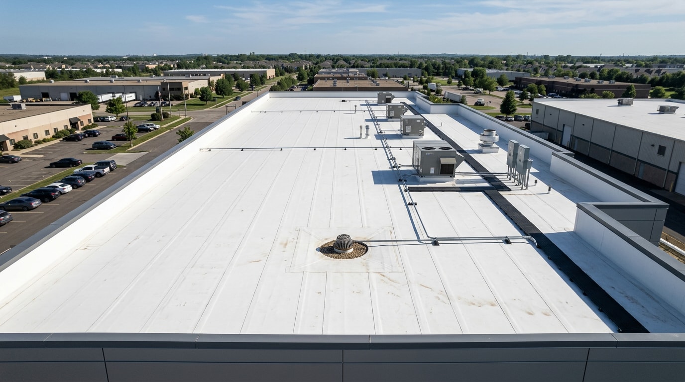 Finished flat roof with white TPO membrane and metal edge flashing on a commercial building Finished flat roof with white TPO membrane and metal edge flashing on a commercial building