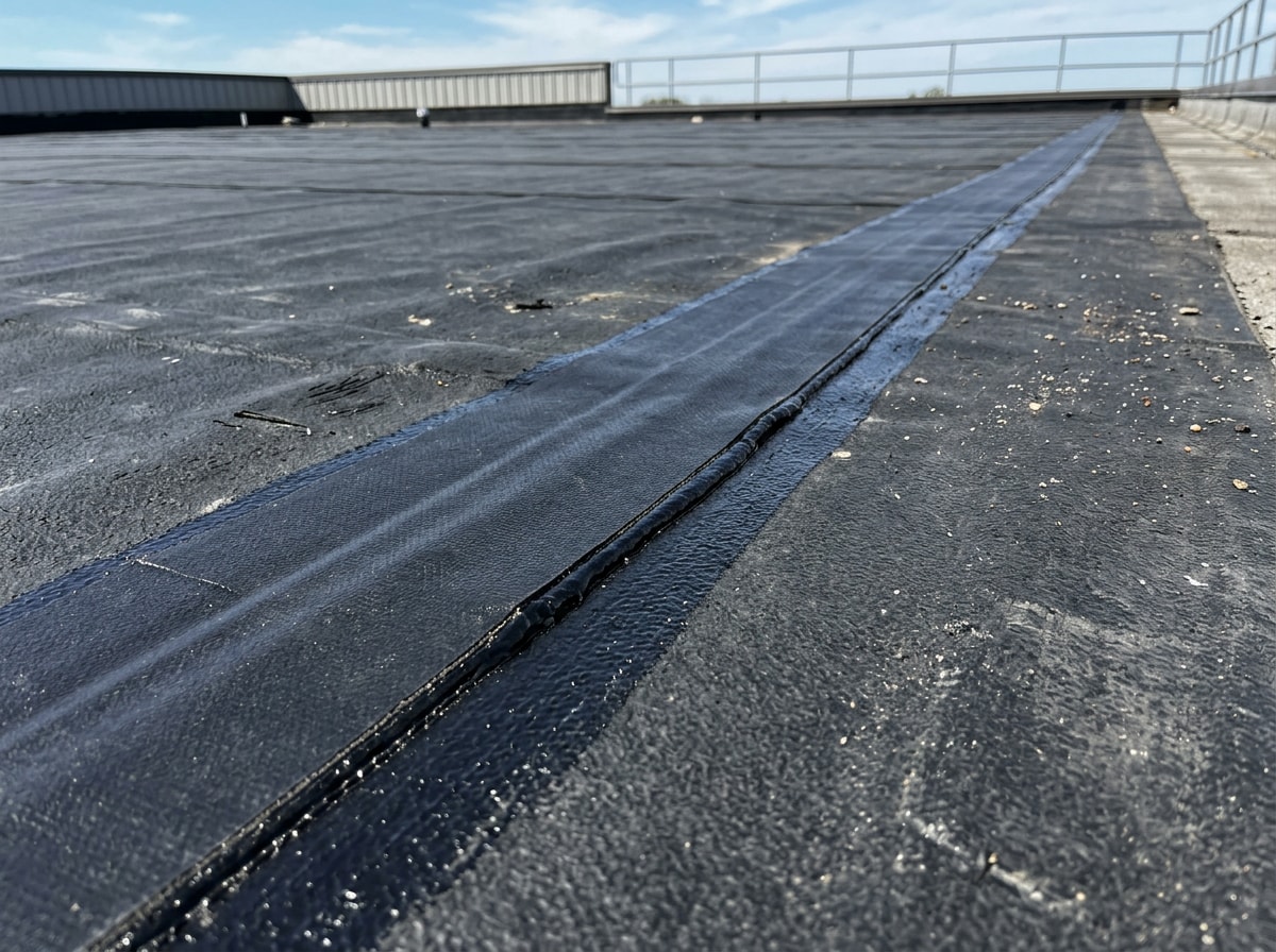 Close-up of black EPDM rubber roof membrane installed on a low-slope commercial roof