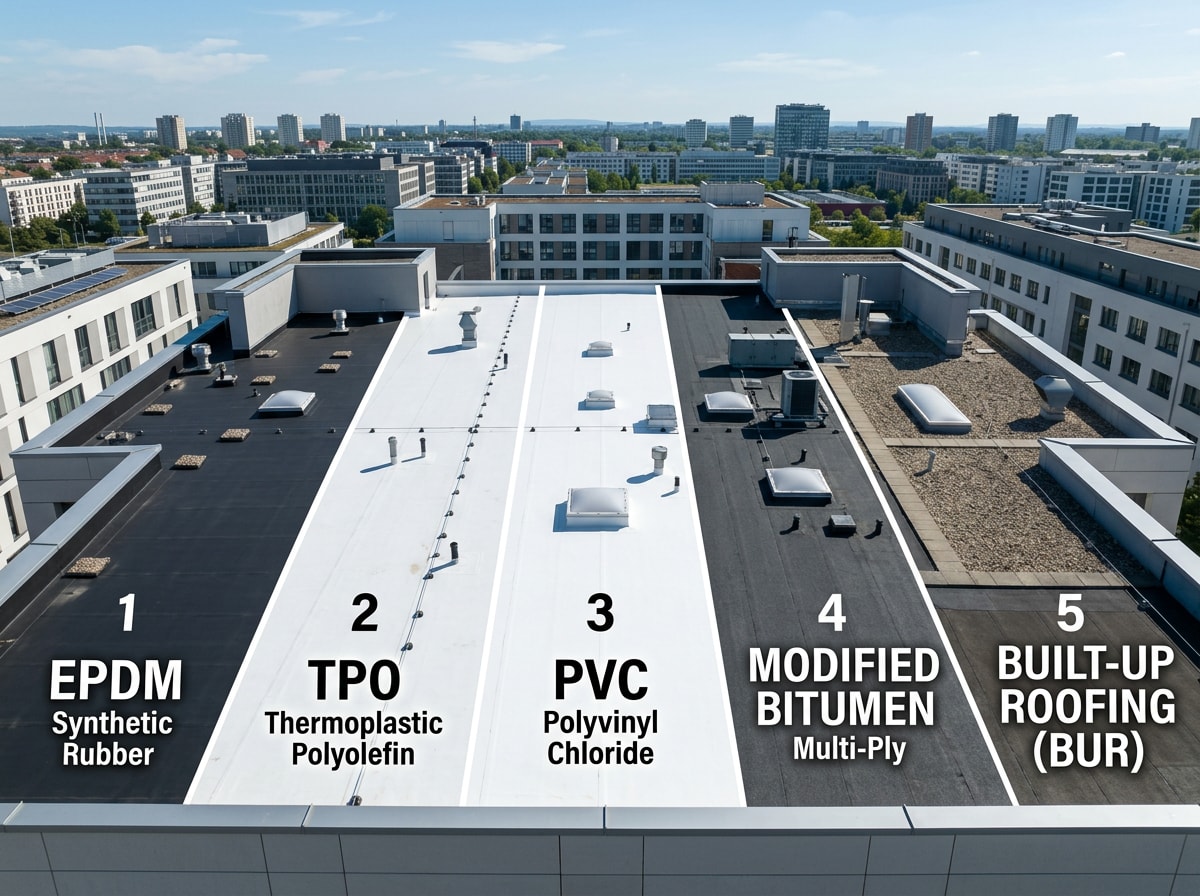 Comparison infographic showing flat roof cost per square foot, lifespan, and maintenance schedule by material type