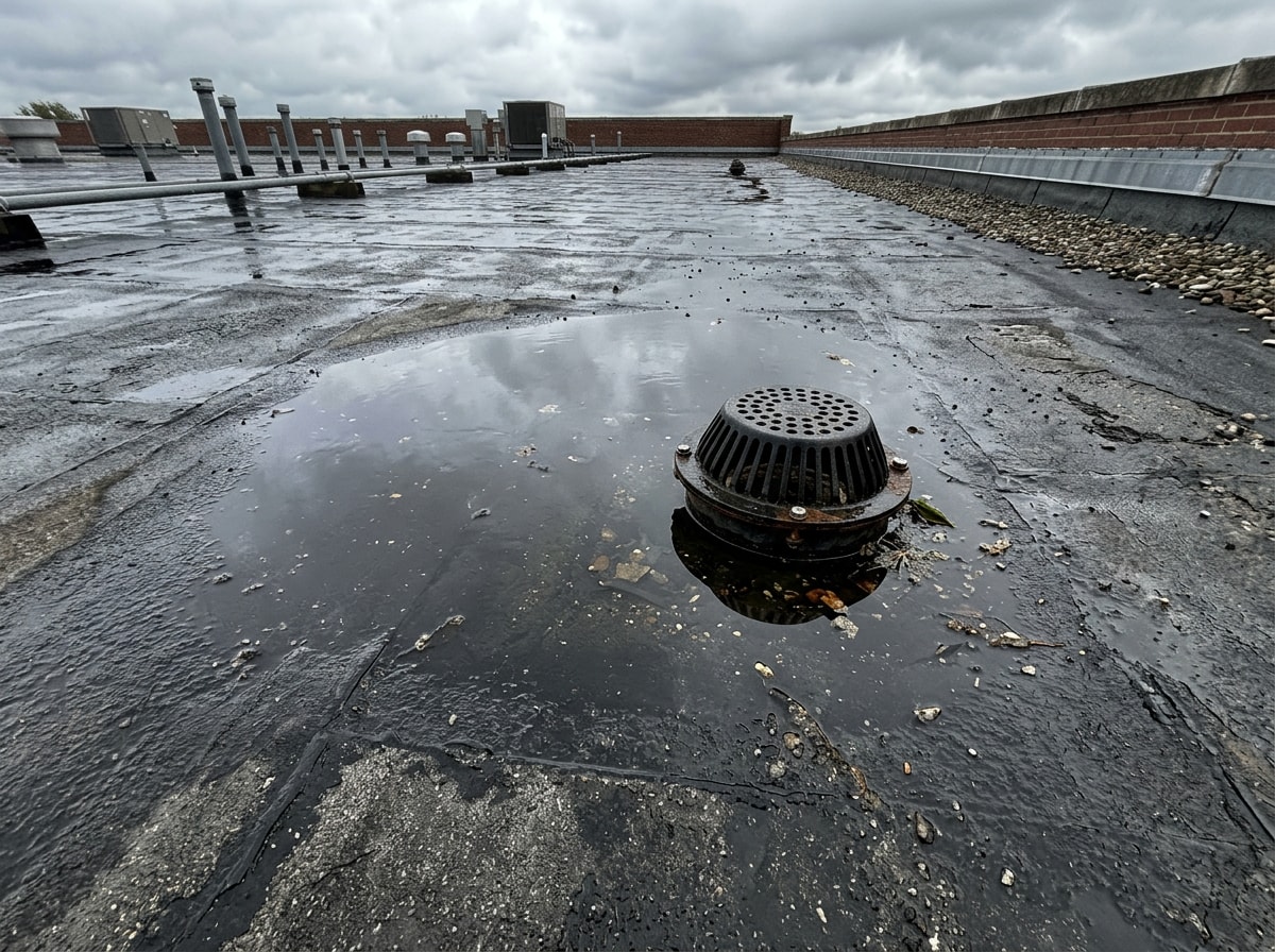 Flat roof surface showing ponding water near a drain, illustrating a common drainage problem
