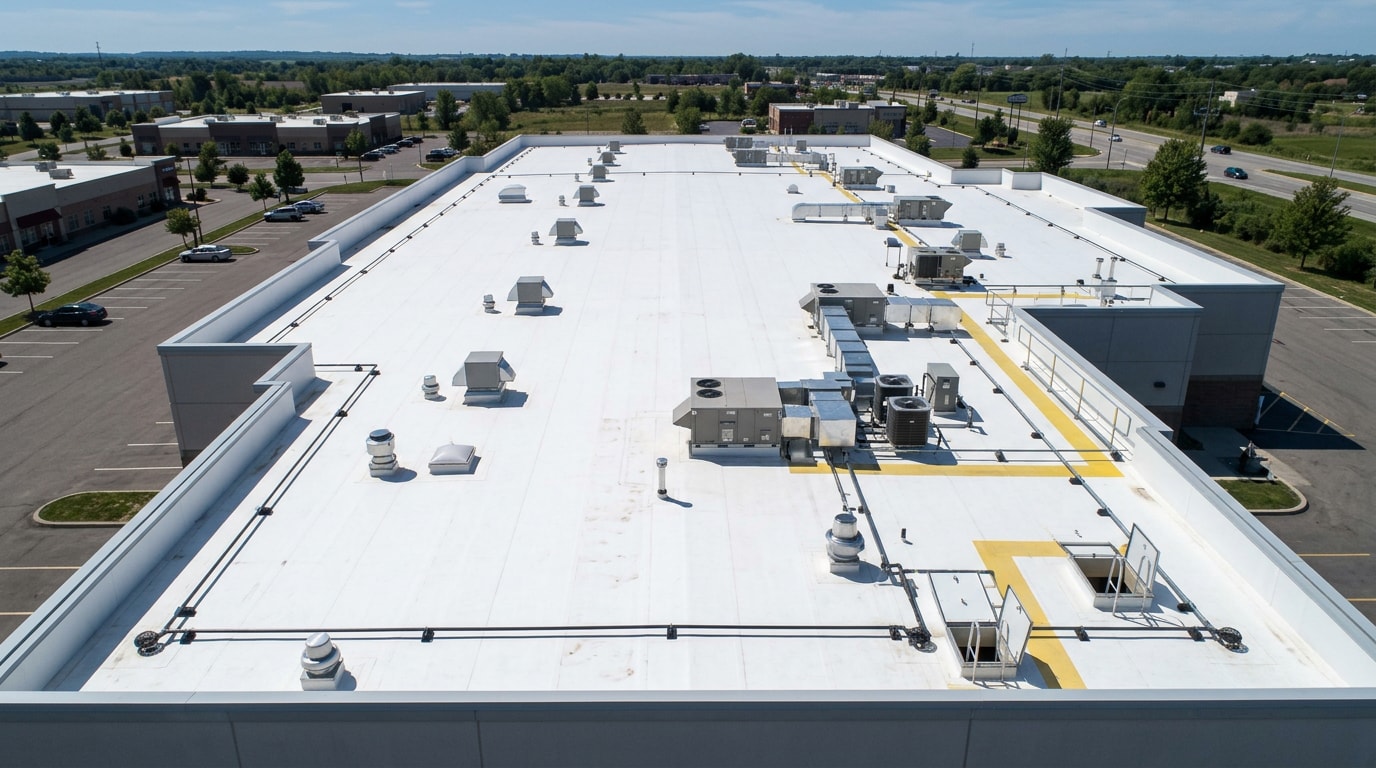 Finished commercial flat roof with white TPO membrane and HVAC units