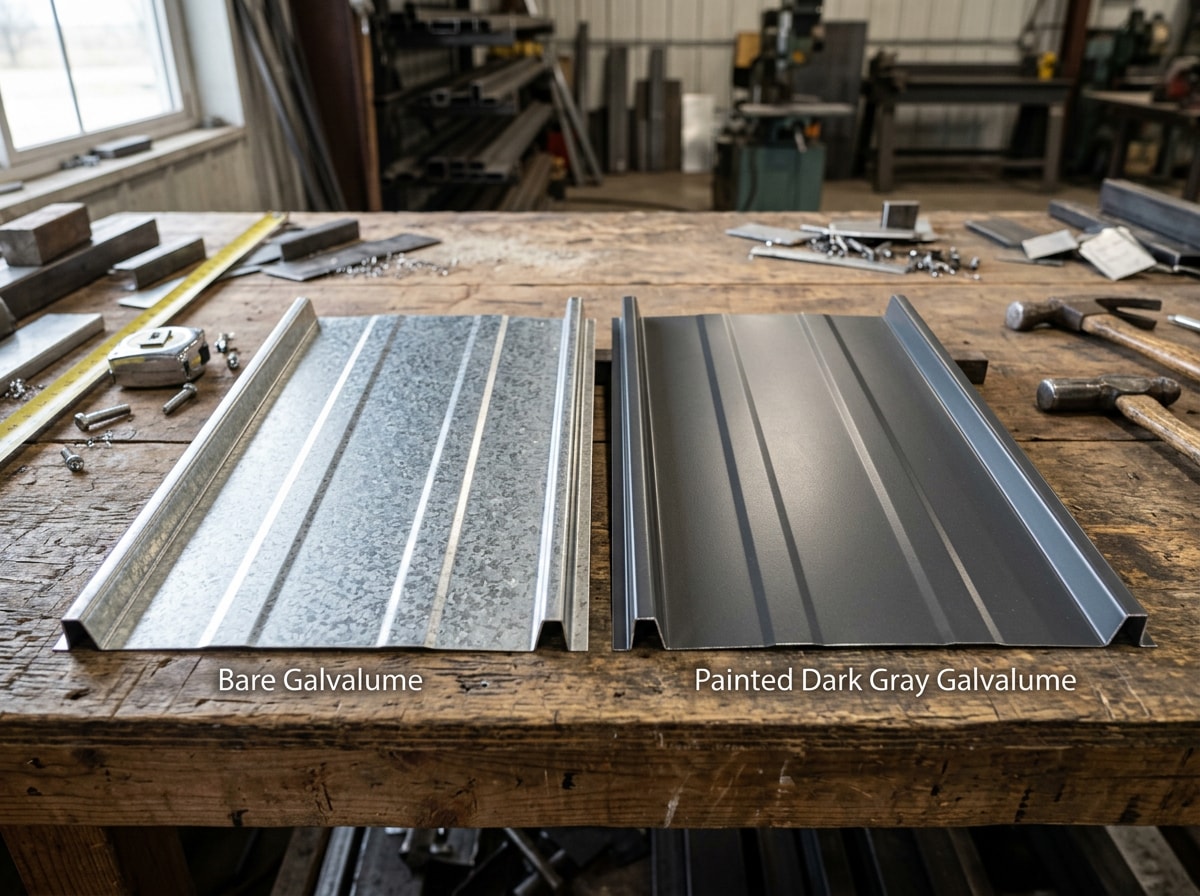 Side-by-side comparison of bare unpainted galvalume metal versus painted galvalume color panel samples