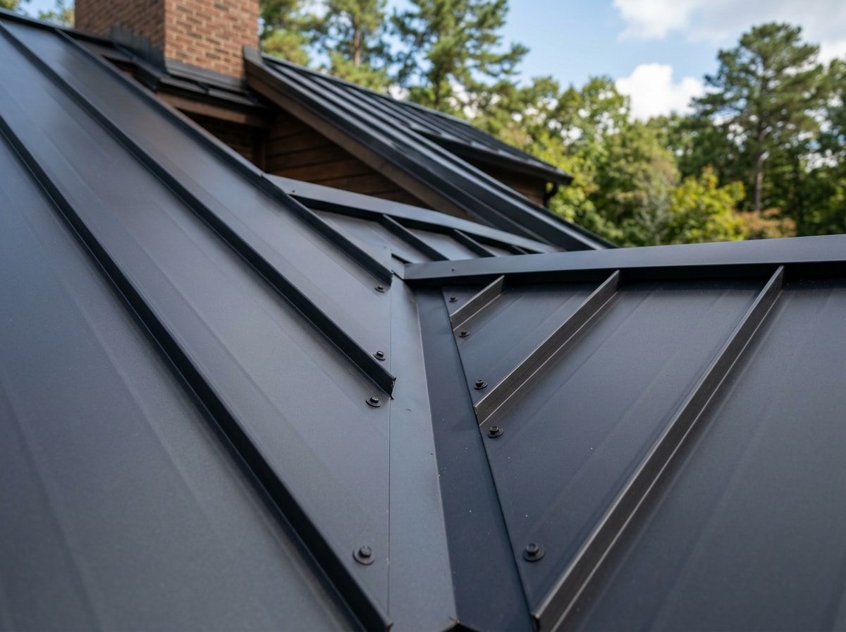 Freshly painted standing seam metal roof on a Castle Rock, CO home showing an even, weather-resistant finish