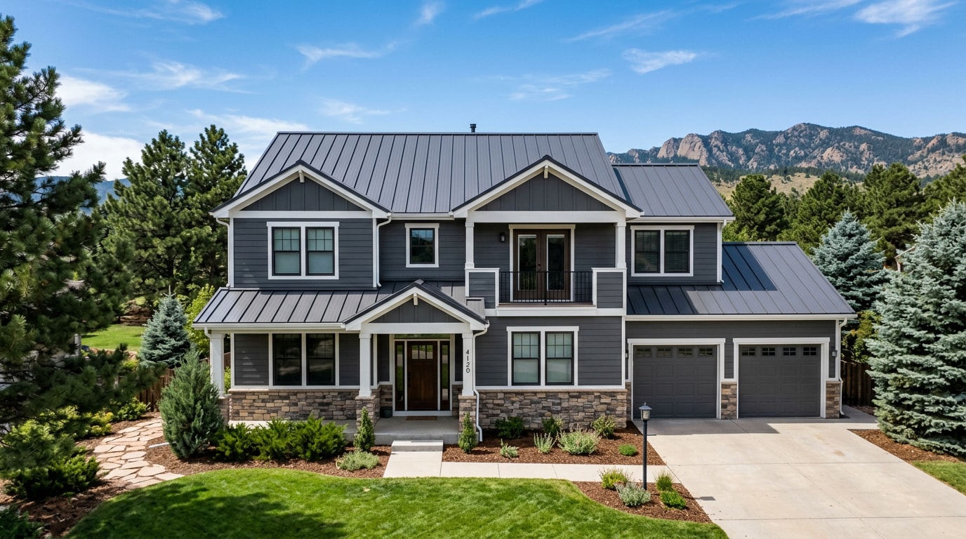 Freshly painted metal roof on a two-story home in Castle Rock, Colorado