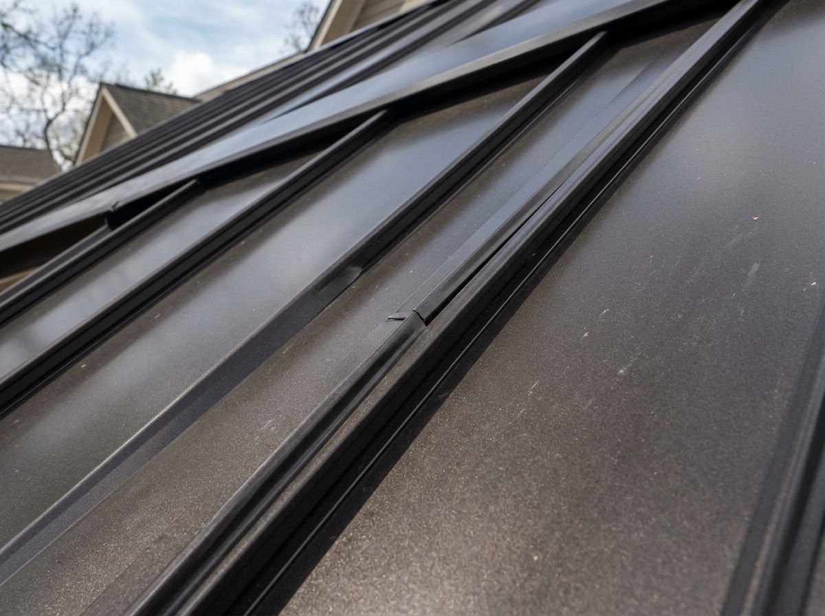 Close-up of a standing seam metal roof panel system on a residential home