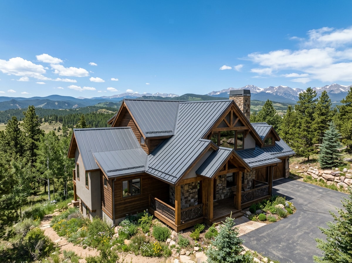 Finished metal roof on a Colorado home with mountain foothills in the background