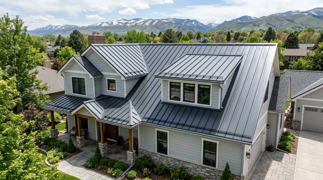 Finished standing seam metal roof on a suburban Colorado home