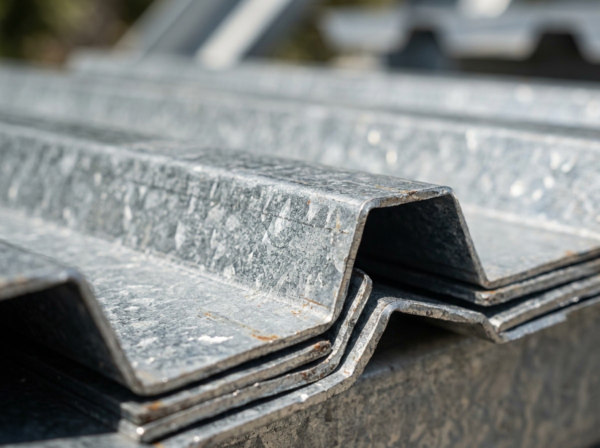 Close-up of a ribbed metal roofing panel profile showing raised ribs for structural rigidity