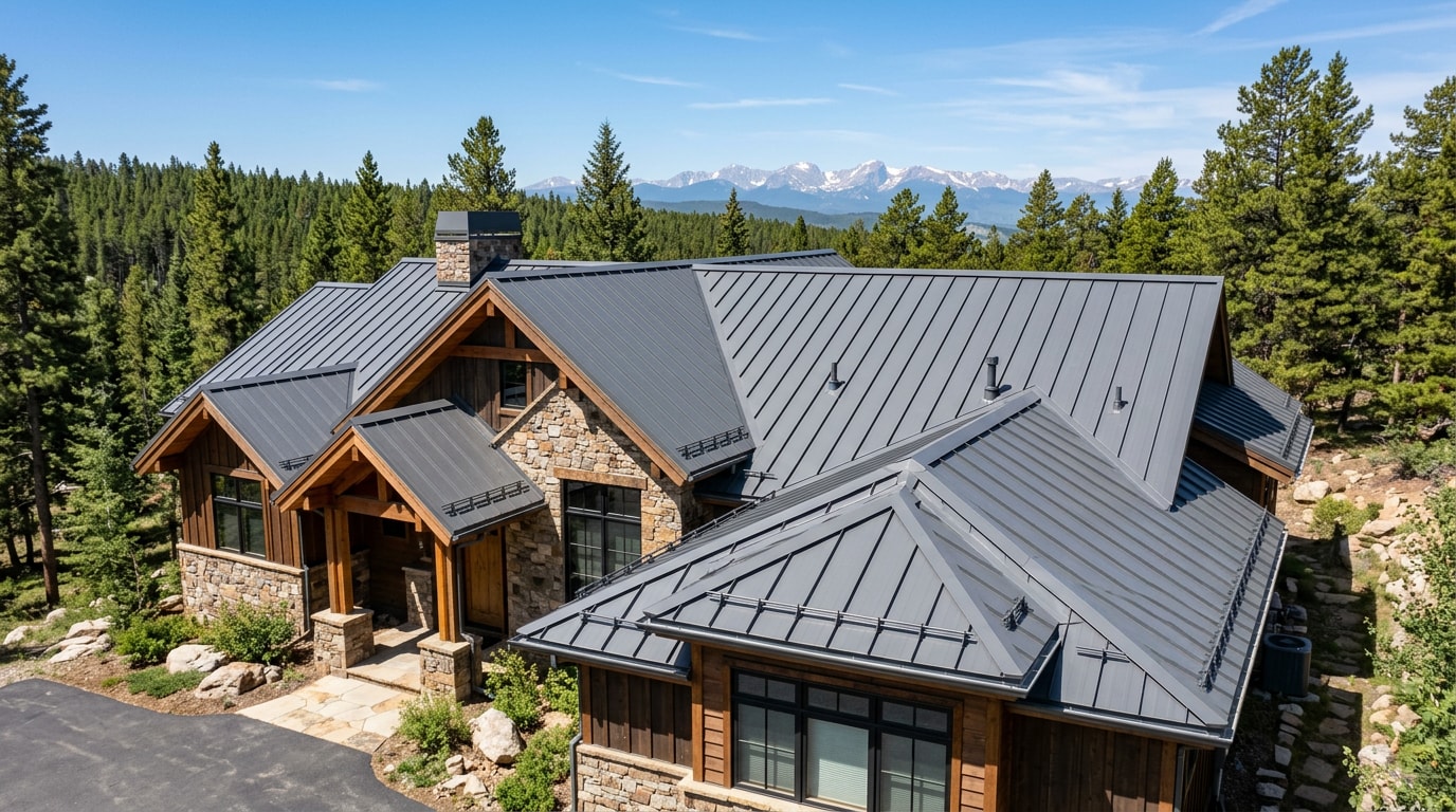 Finished standing seam metal roof installed on a home with mountains in the background Finished standing seam metal roof installed on a home with mountains in the background