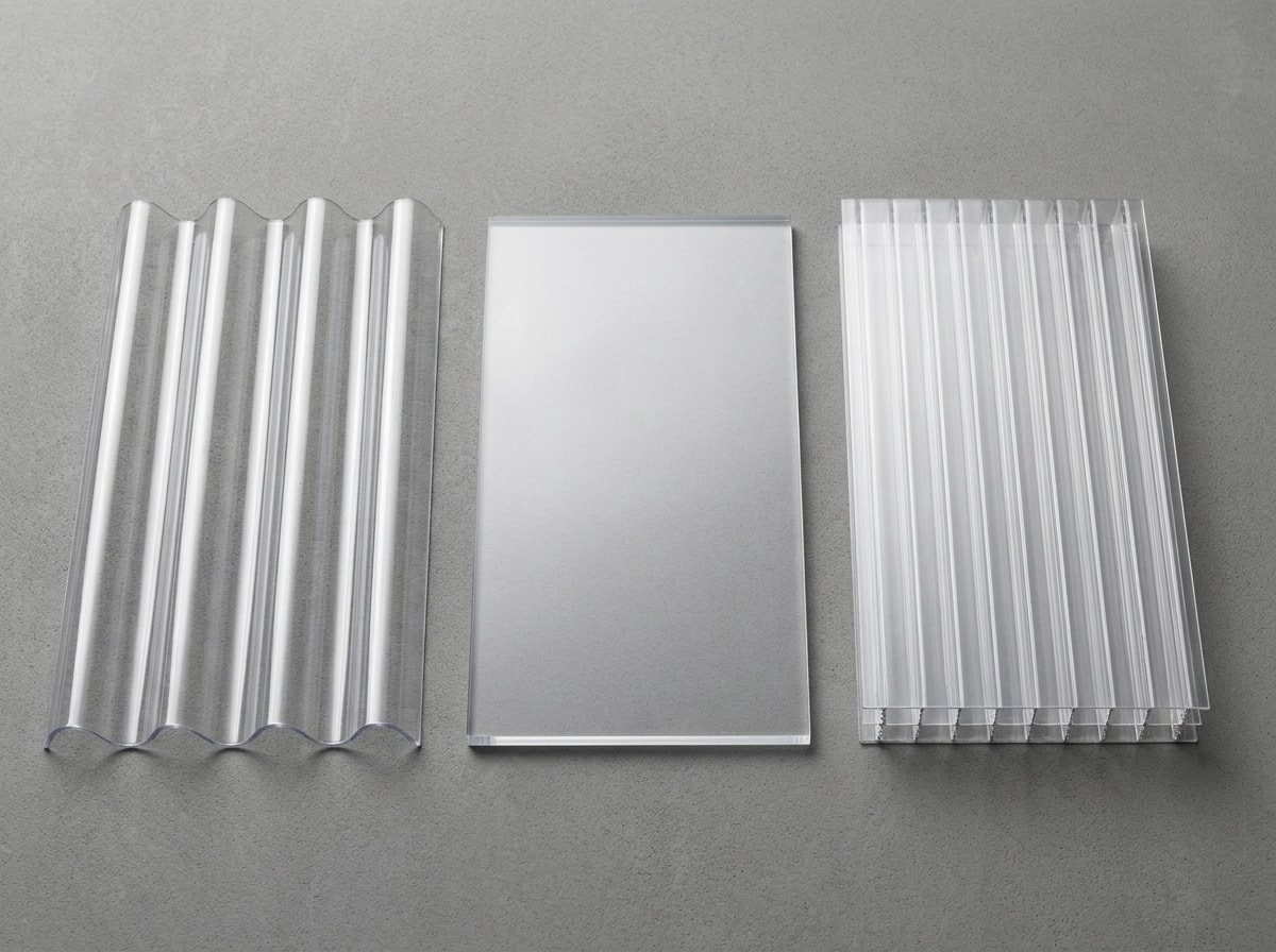 Side-by-side profile diagram comparing corrugated, solid, and multiwall polycarbonate roofing sheets