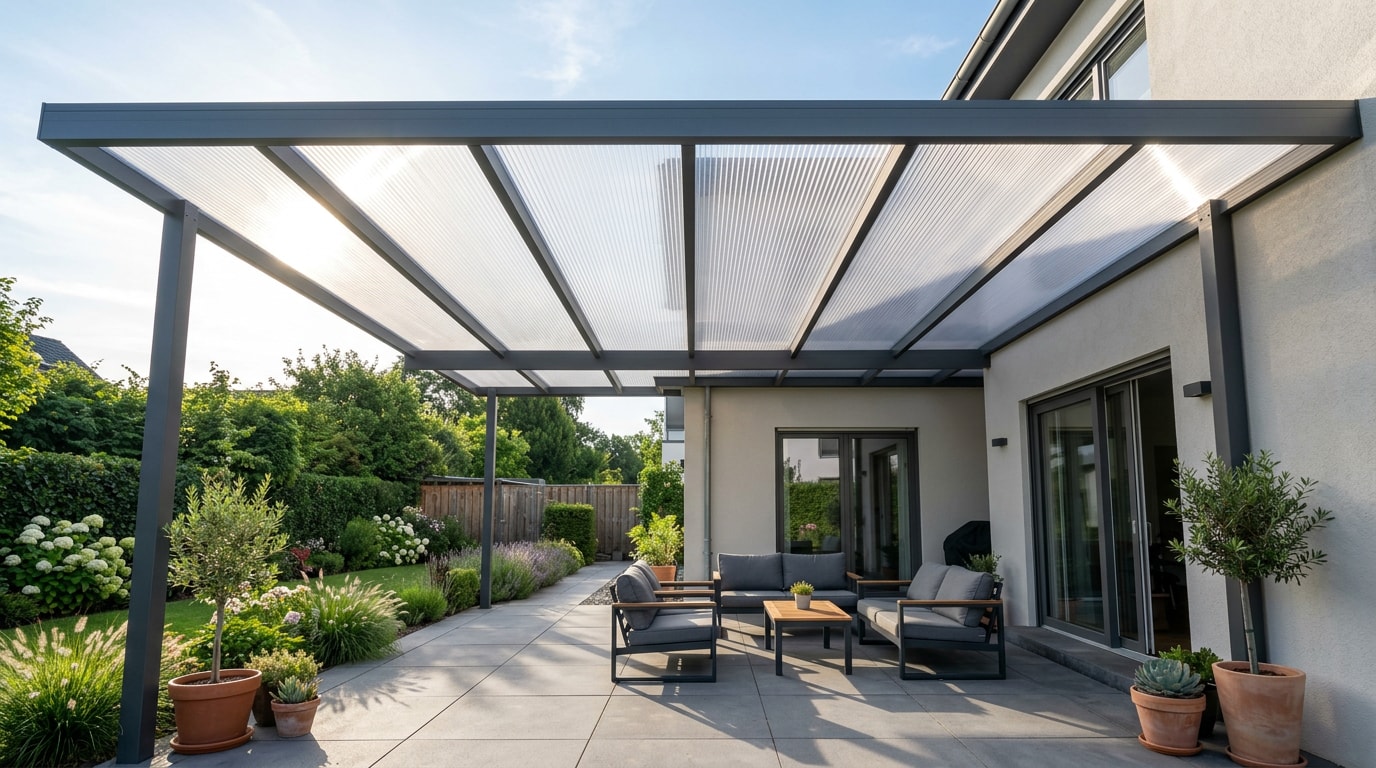 Residential patio cover with clear multiwall polycarbonate roofing sheets installed Residential patio cover with clear multiwall polycarbonate roofing sheets installed