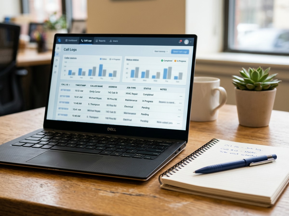 Dashboard view of a roofing answering service logging a caller's name, address, and roof issue