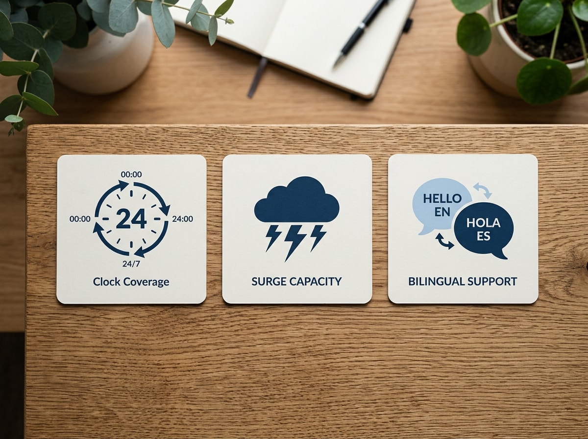 Side-by-side icon graphic showing 24/7 coverage, storm surge capacity, and bilingual support features