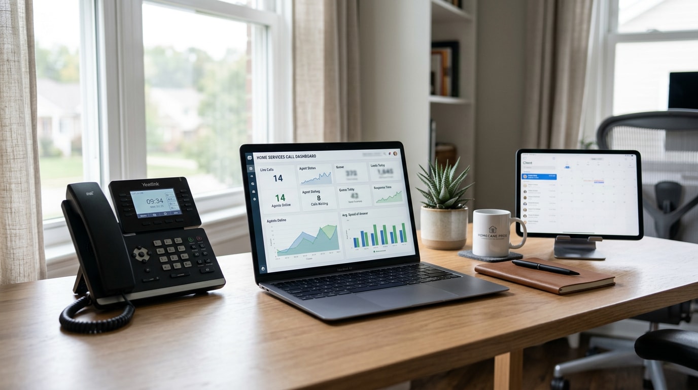 Office desk setup representing a roofing answering service call and lead dashboard Office desk setup representing a roofing answering service call and lead dashboard