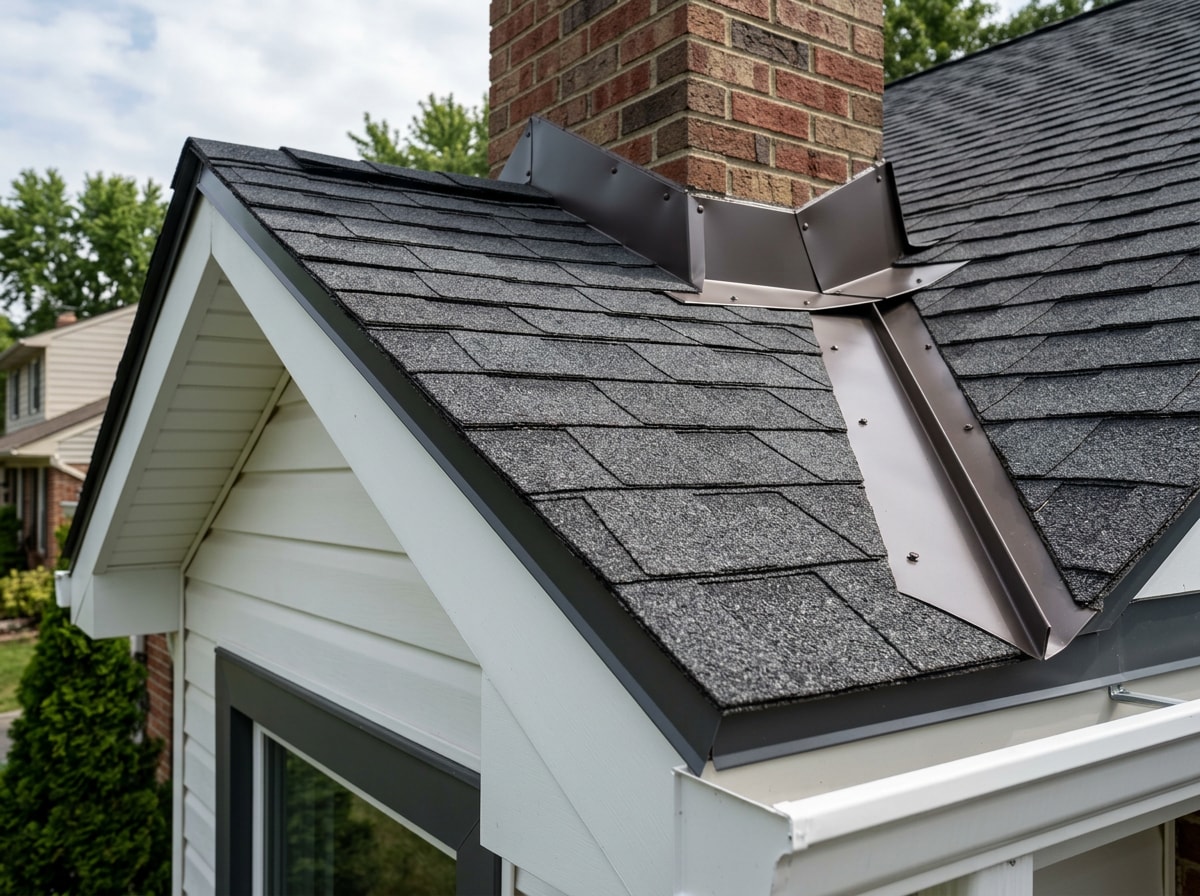 Newly installed architectural asphalt shingle roof on a suburban home with clean roofline and flashing