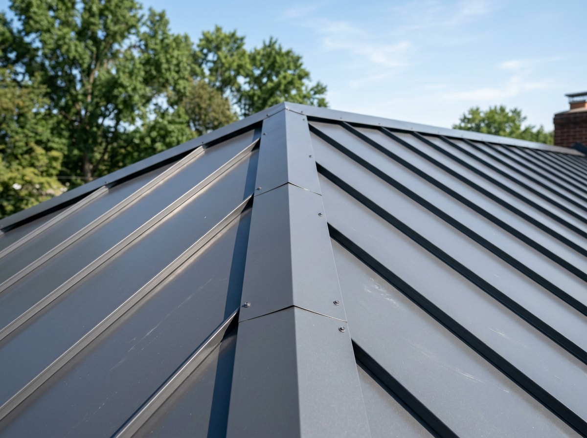 Close-up of a completed metal standing seam roof installation showing clean panel seams