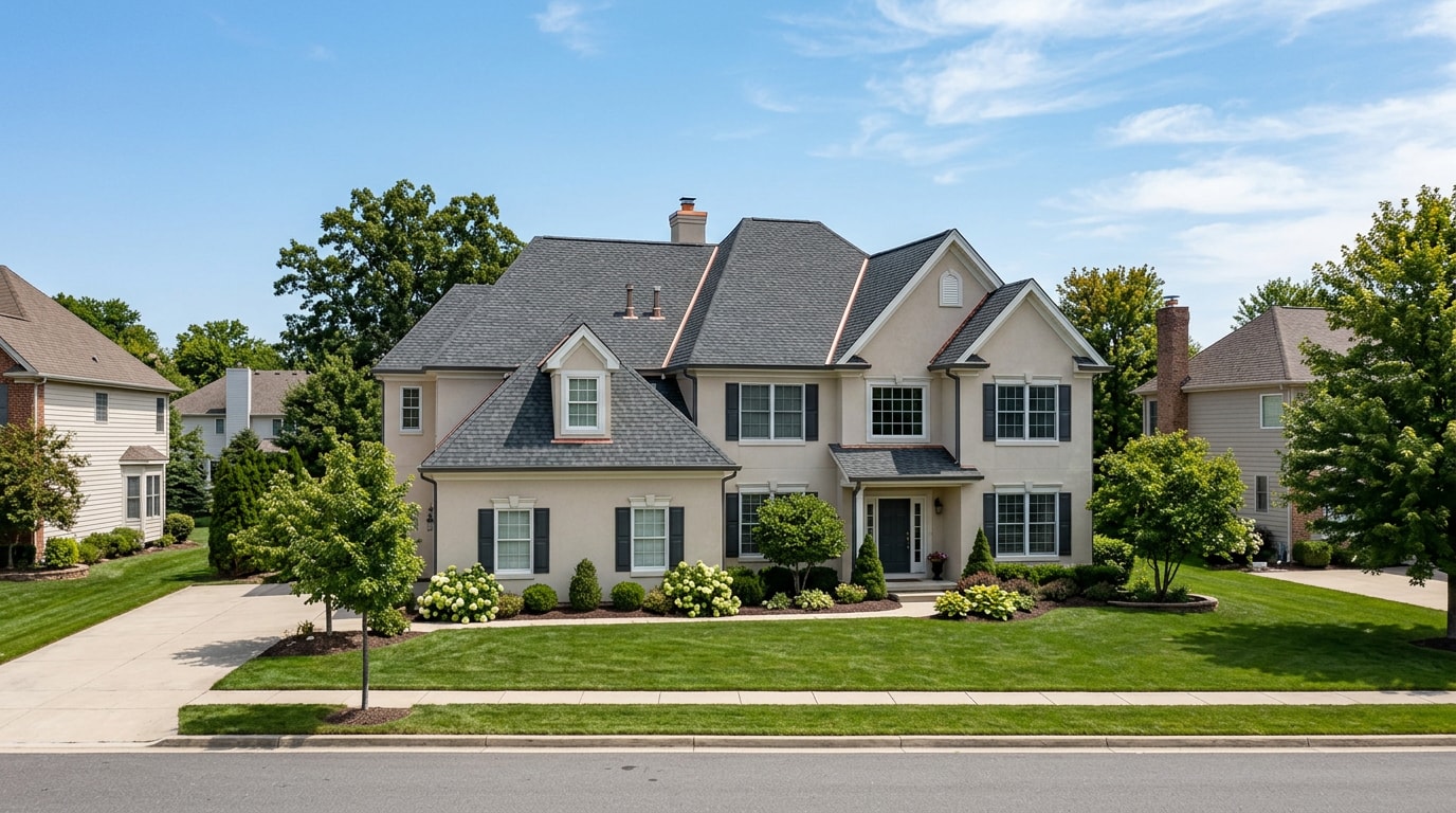 Finished residential roof replacement with new architectural asphalt shingles