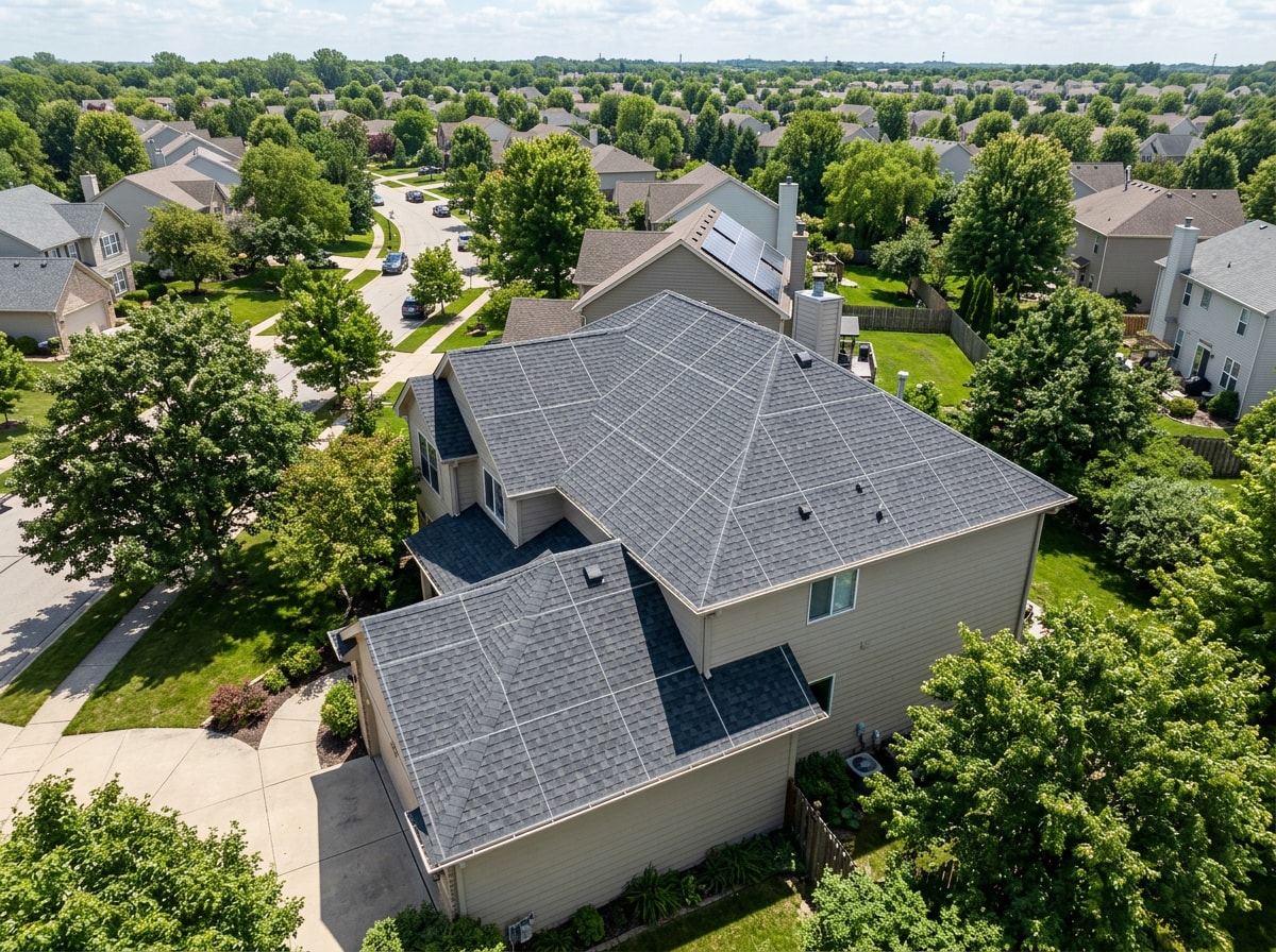 Aerial view of a residential asphalt shingle roof marked into 100-square-foot sections for estimating