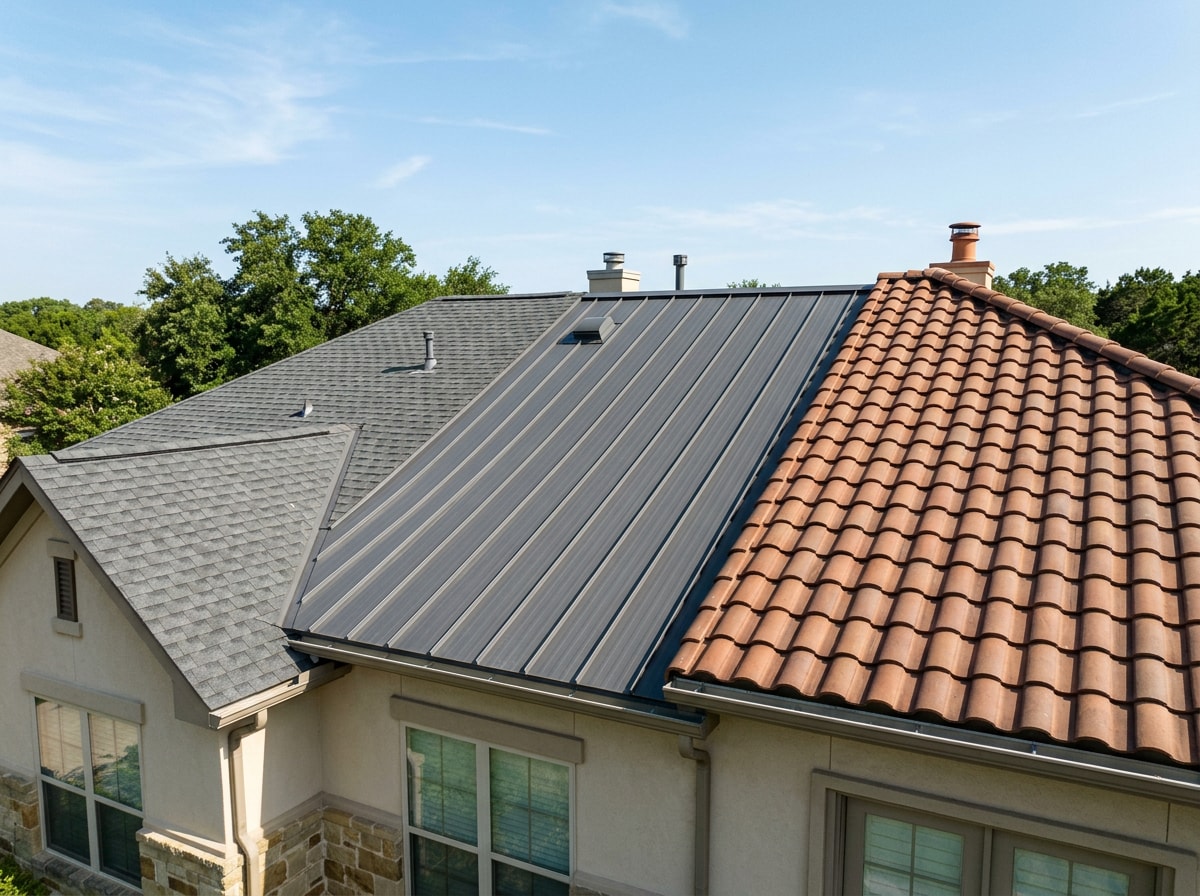 Side-by-side comparison of asphalt shingle, standing-seam metal, and clay tile roofing sections on a home exterior