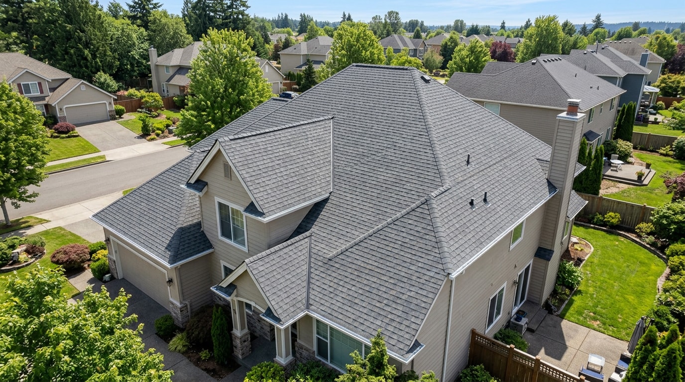 Newly installed asphalt shingle roof on a suburban home viewed from above
