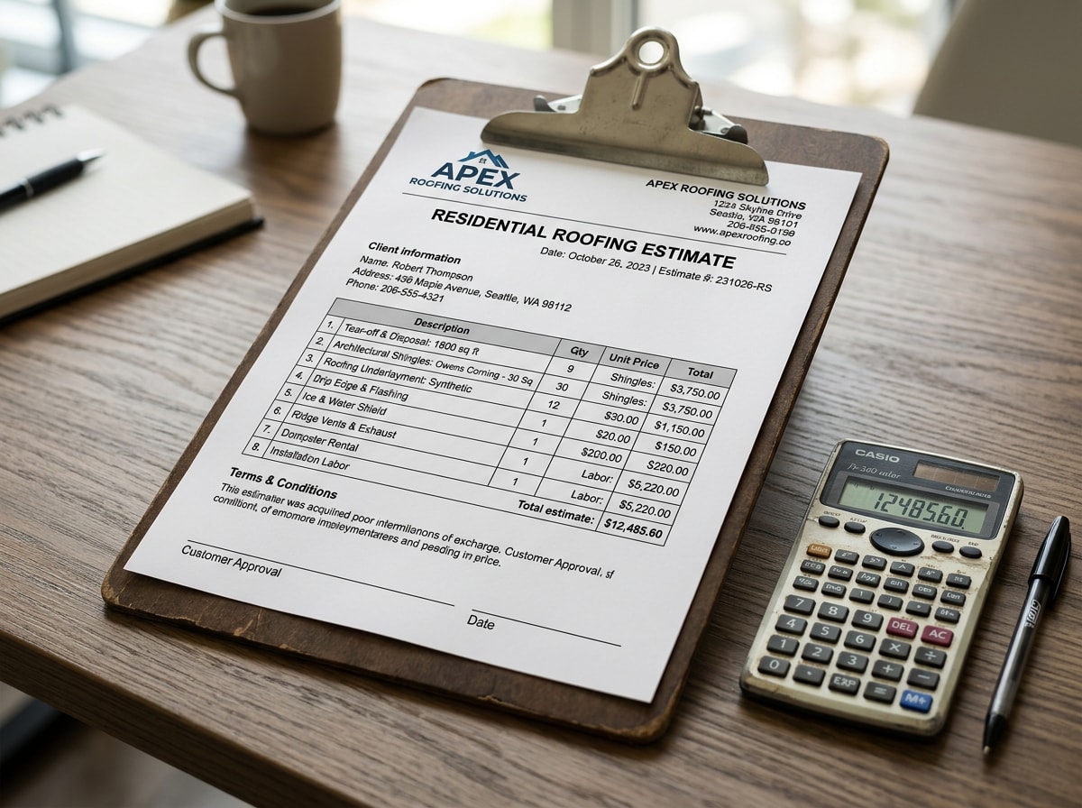 Sample roofing estimate template showing company information, client details, and itemized line items