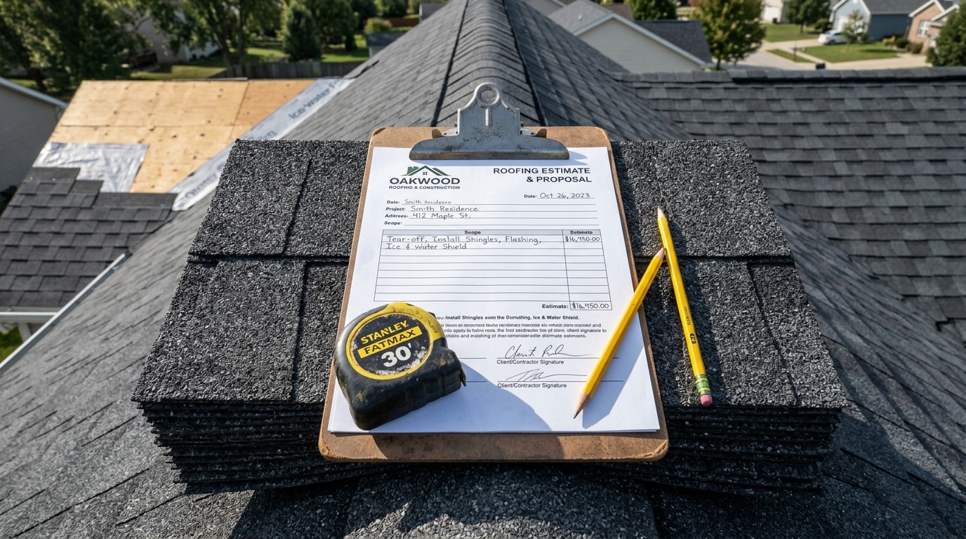 Roofing estimate template on a clipboard resting on shingles at a job site