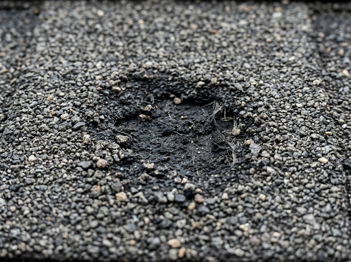 Close-up of a hail-bruised asphalt shingle showing granule loss after a storm