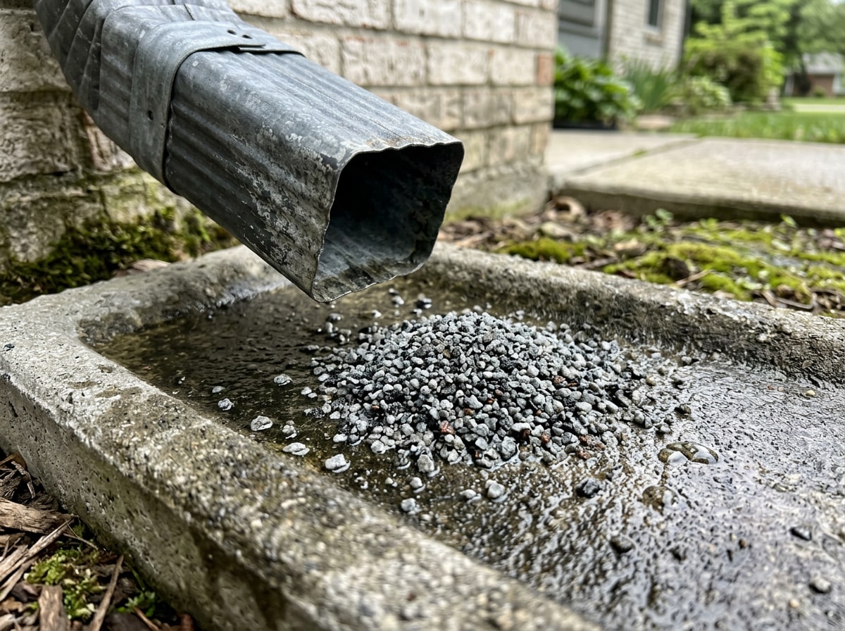 Handful of roofing granules collected at the base of a downspout after a storm