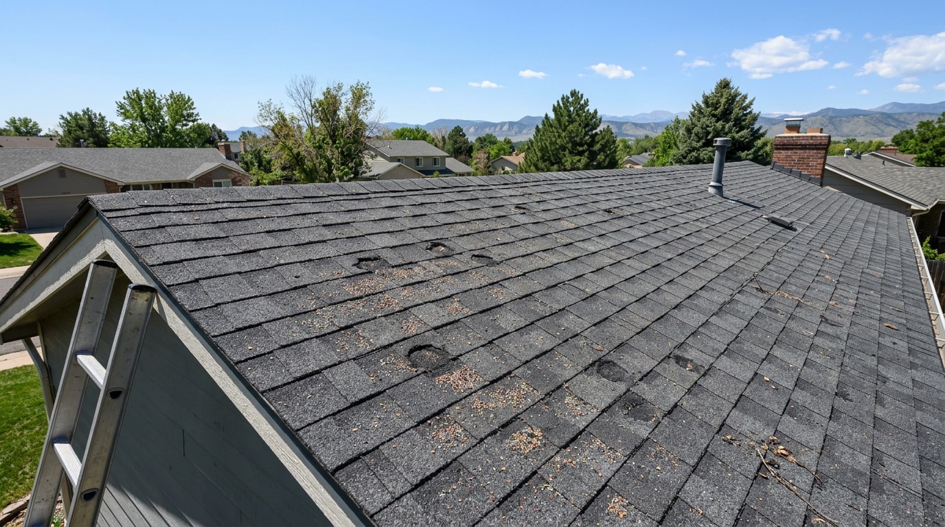 Asphalt shingle roof in Arapahoe County, CO showing granule loss after a hailstorm Asphalt shingle roof in Arapahoe County, CO showing granule loss after a hailstorm