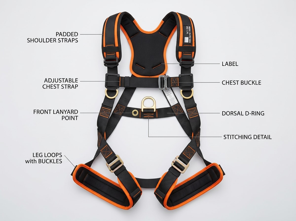 Labeled diagram of a full-body roofing harness showing D-ring, straps, and lanyard attachment